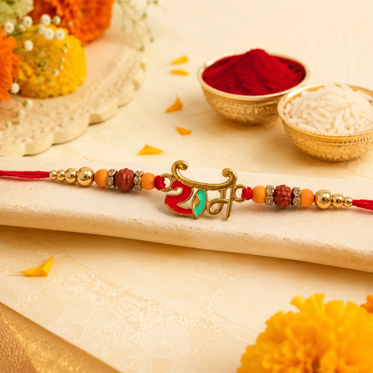 Ram Name Rakhi, Stylish Enamel Leaf Design for Raksha Bandhan - Image 3