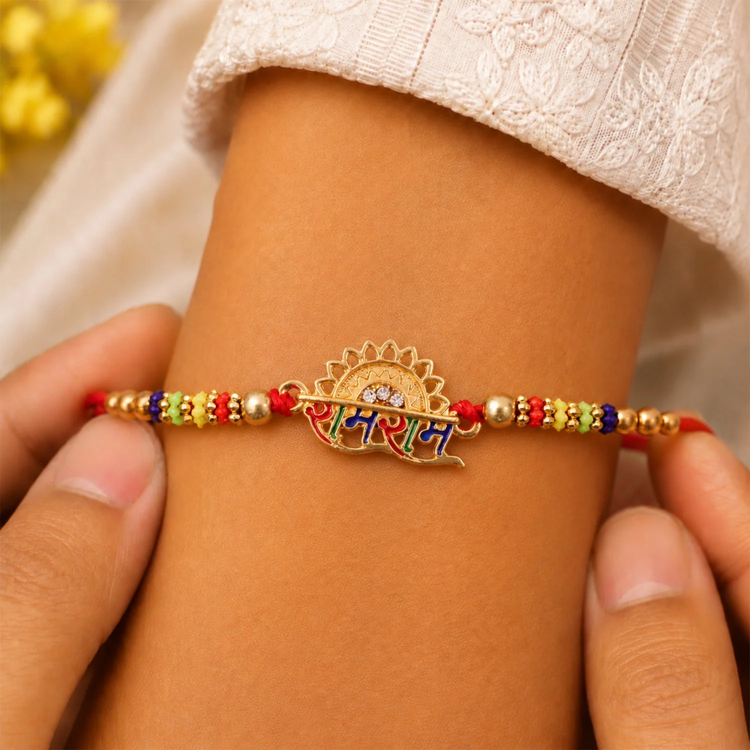 Ram Ram Text Premium Designer Beaded Rakhi for Brother - Image 4