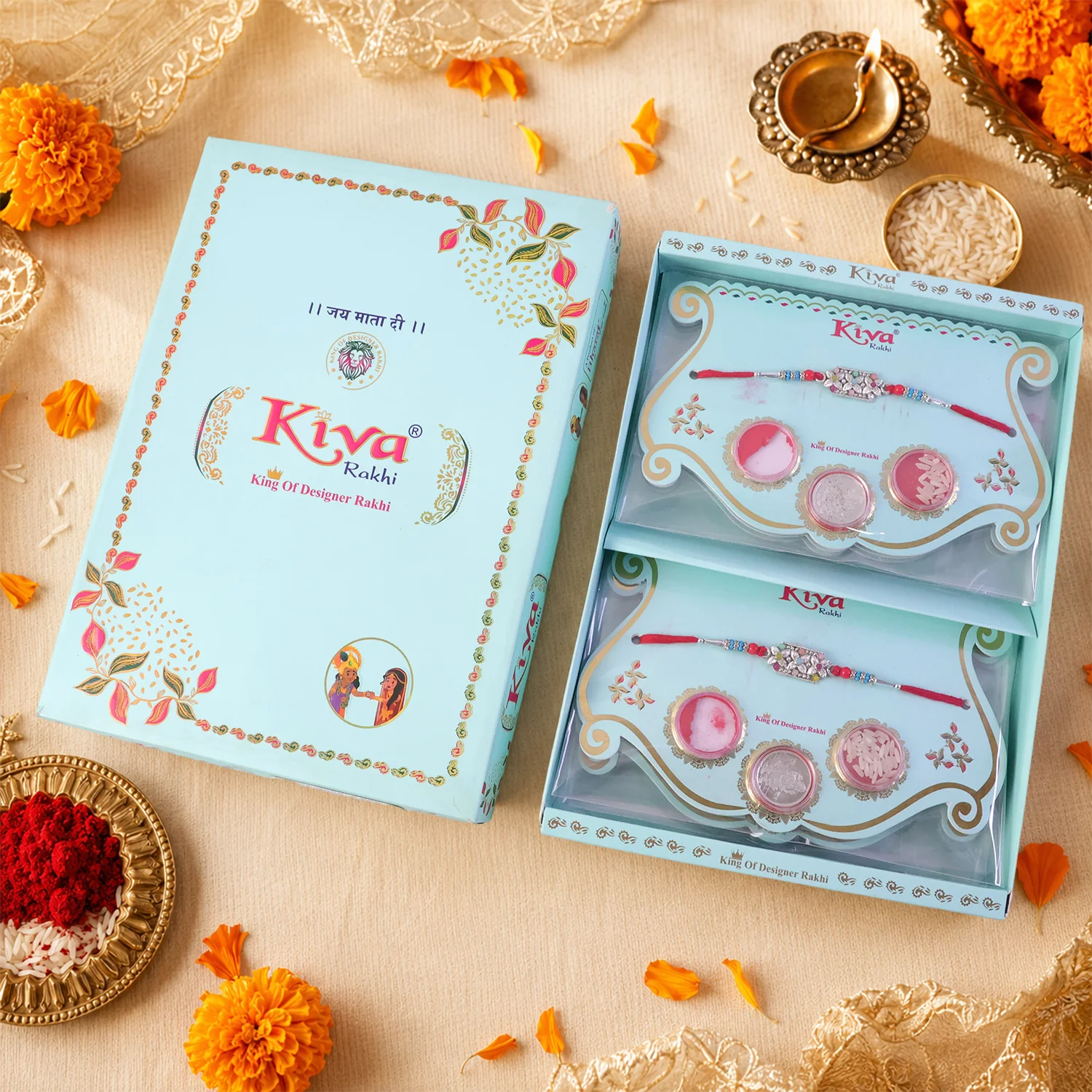 Rectangular Pearl Crystal Rakhi with Red Blue Beads, Roli Chawal Coin and Gift Packing - Image 7