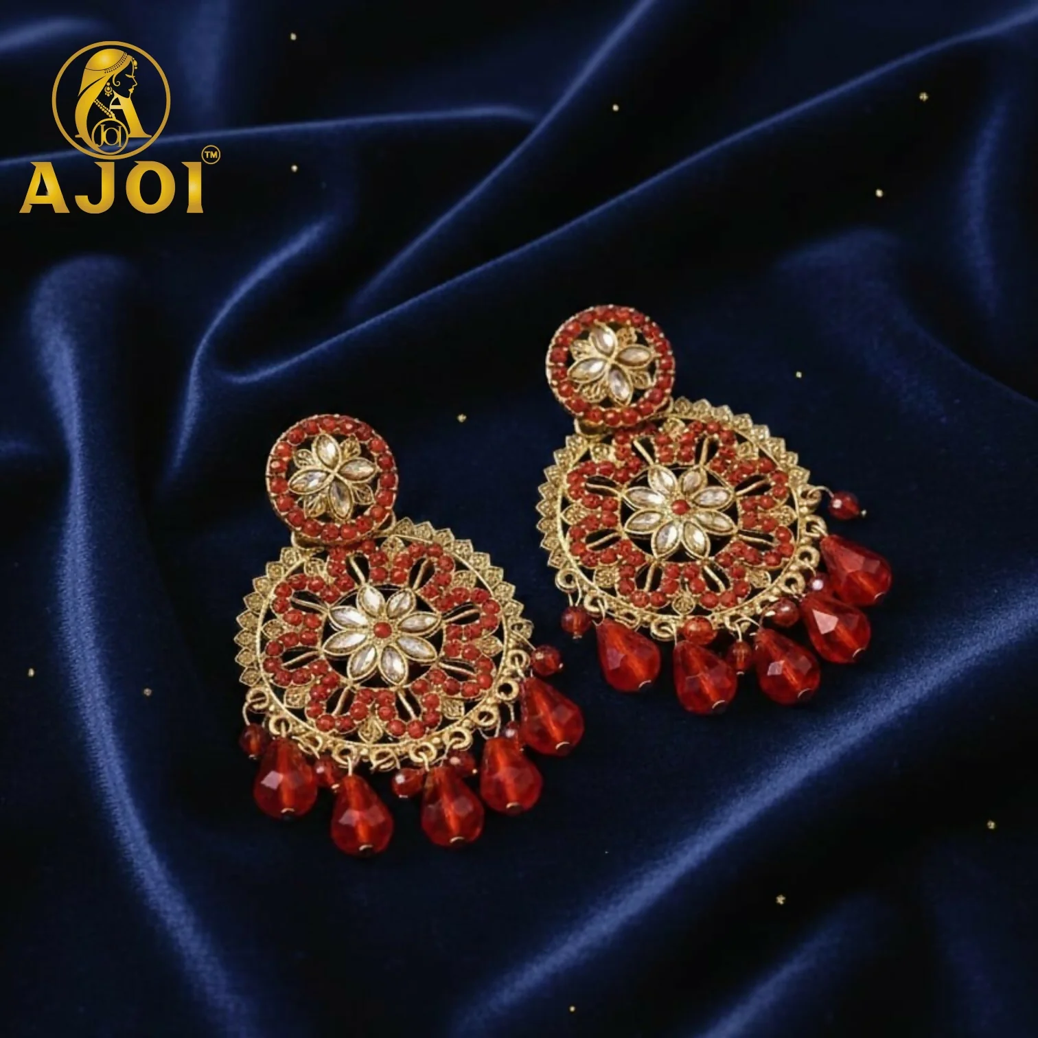 Red Floral Earrings – Intricately Designed Festive Jewelry - Image 3