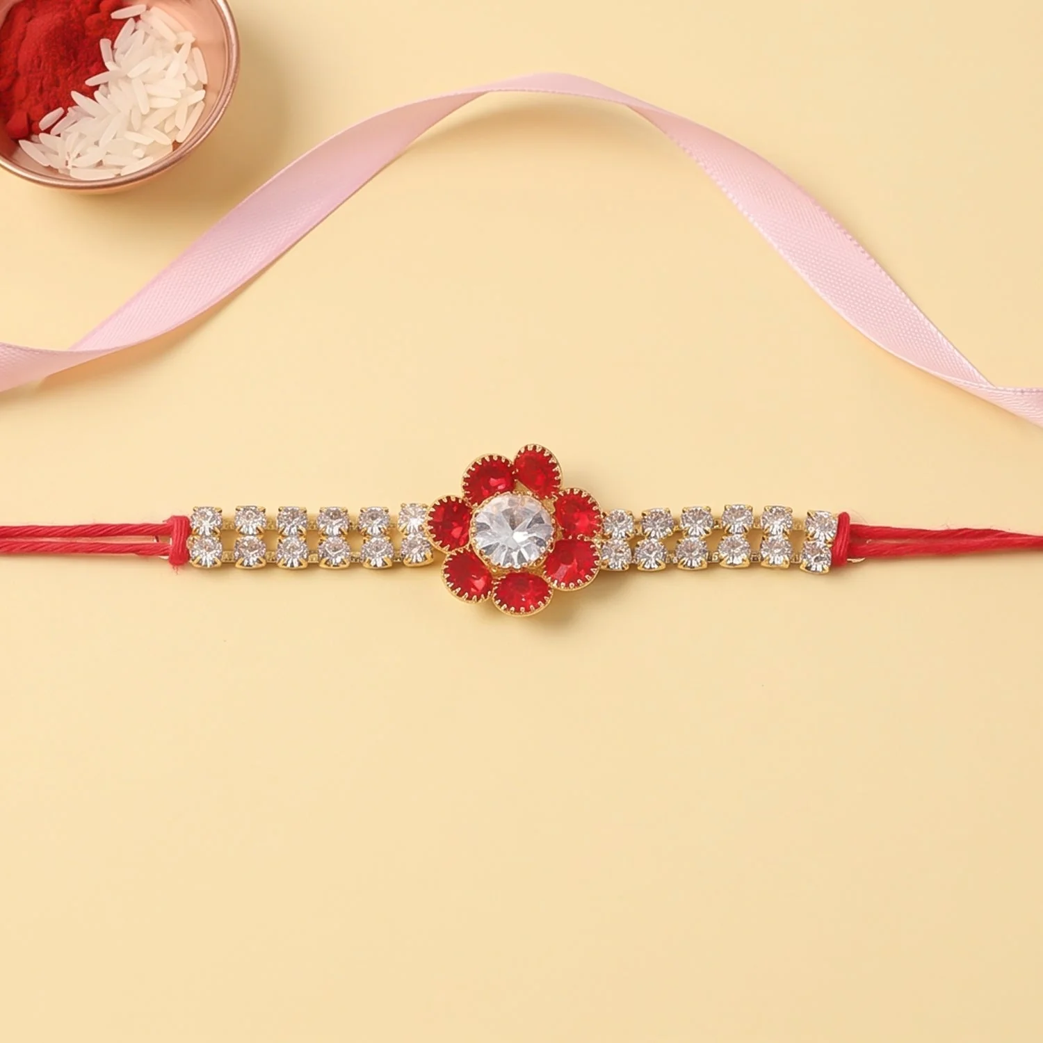 Red Flower Pearl Bracelet Rakhi for Brother Bhai Raksha Bandhan Festival Special Gift