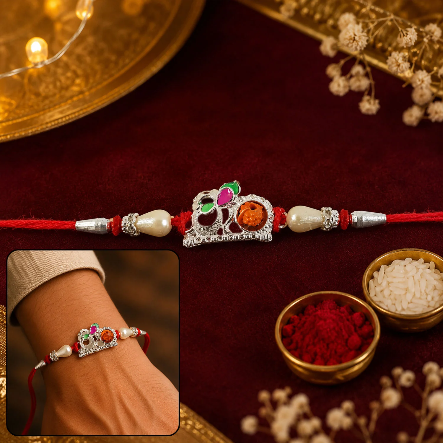 Rakhi – Elegant Red Gold Floral Om with Pearls & Stone