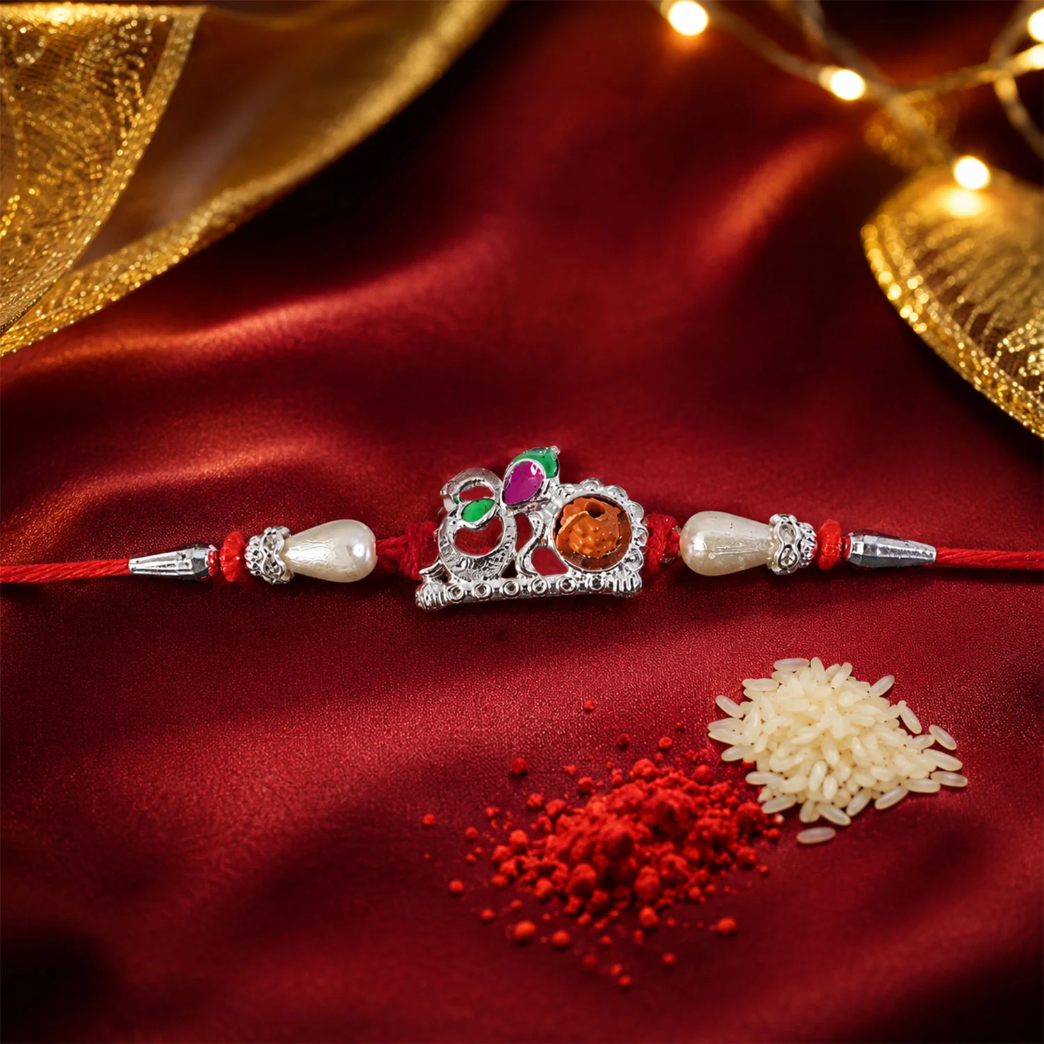Rakhi – Elegant Red Gold Floral Om with Pearls & Stone - Image 4