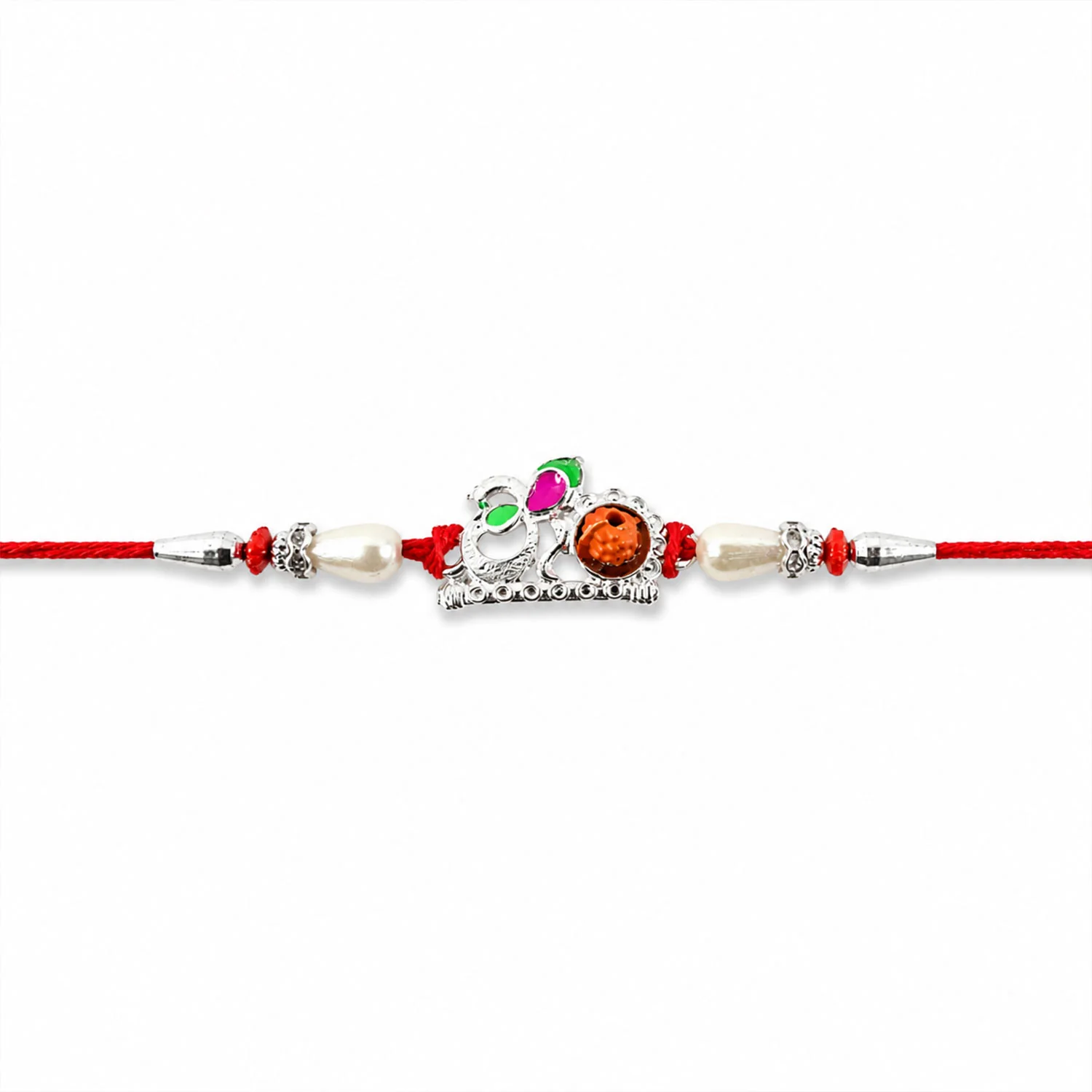 Rakhi – Elegant Red Gold Floral Om with Pearls & Stone - Image 5