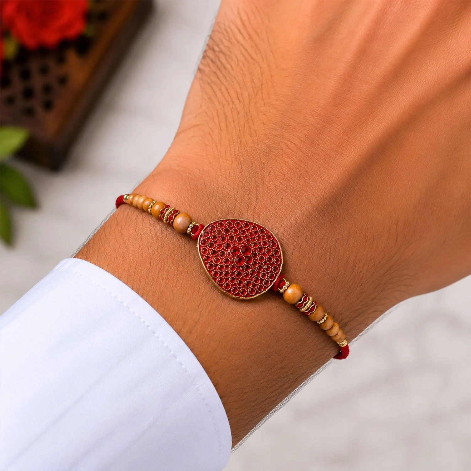Red Stone Disc Wooden Beads Rakhi – Elegant Traditional Design - Image 2