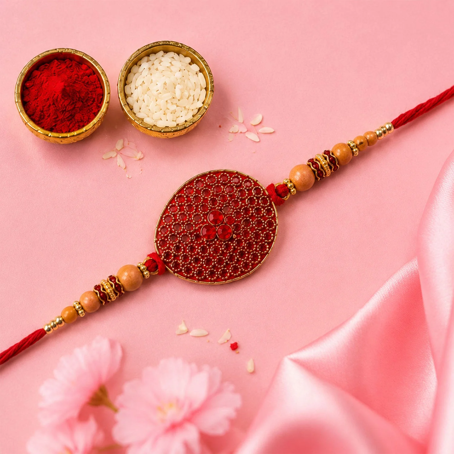 Red Stone Disc Wooden Beads Rakhi – Elegant Traditional Design - Image 3