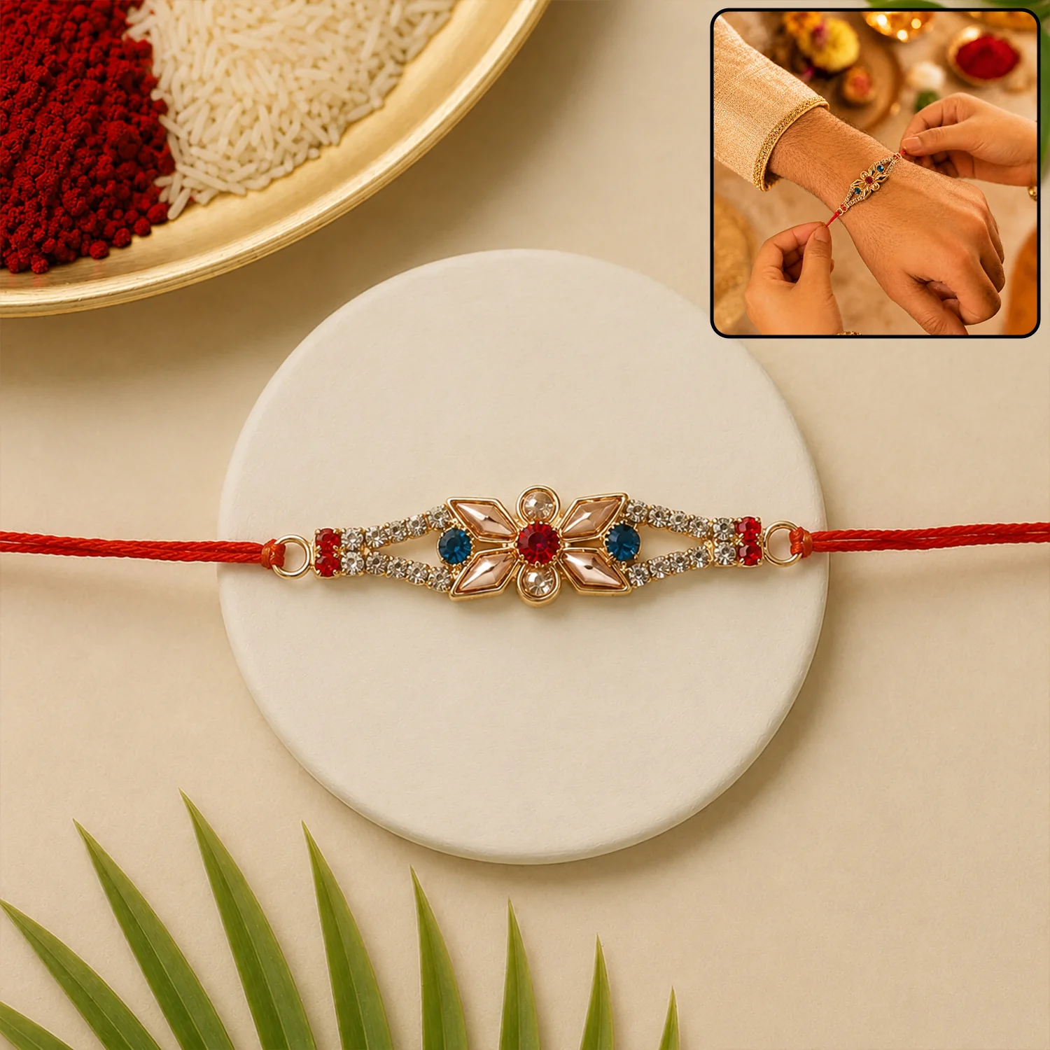 Red White Floral Rakhi, Elegant Traditional Festive Design