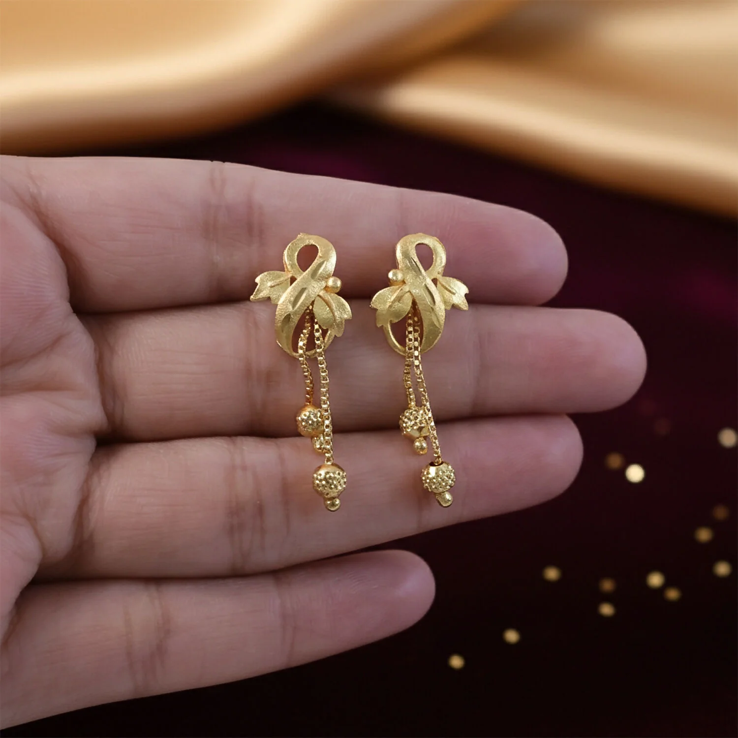 Gold Drop Earrings – Leaf Motif & Cascading Chain Design - Image 3