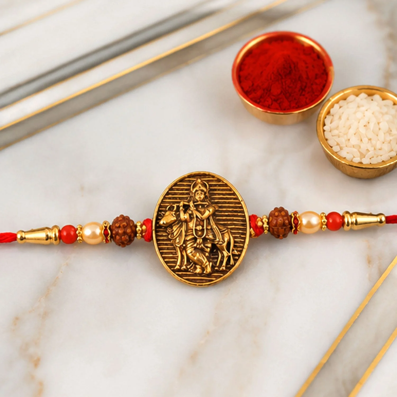 Religious Krishna Oval Rakhi with Pearls Rakhi for Brother - Image 3
