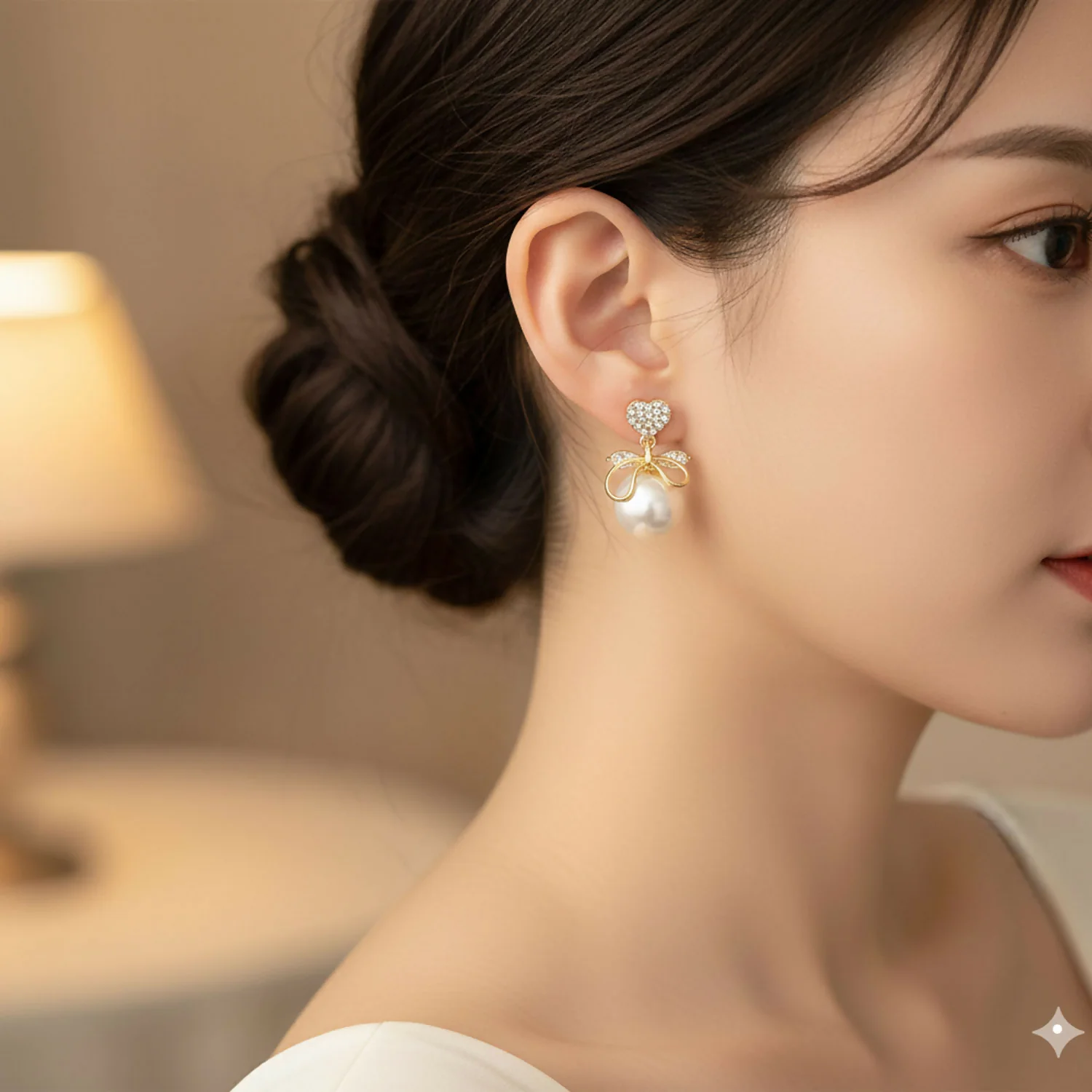 Heart Crystal Pearl Bow Earrings – 14K Gold Plated Elegance - Image 2