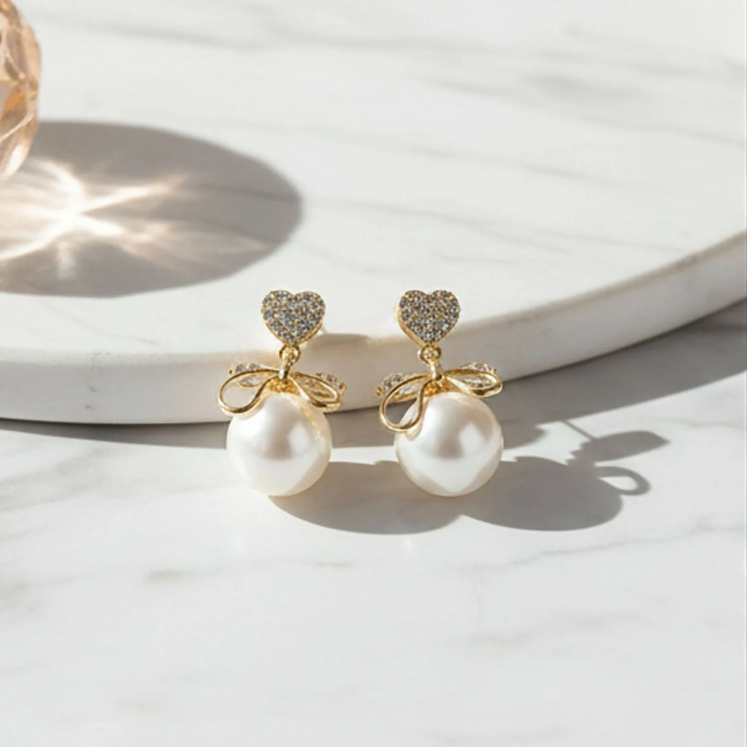 Heart Crystal Pearl Bow Earrings – 14K Gold Plated Elegance - Image 3
