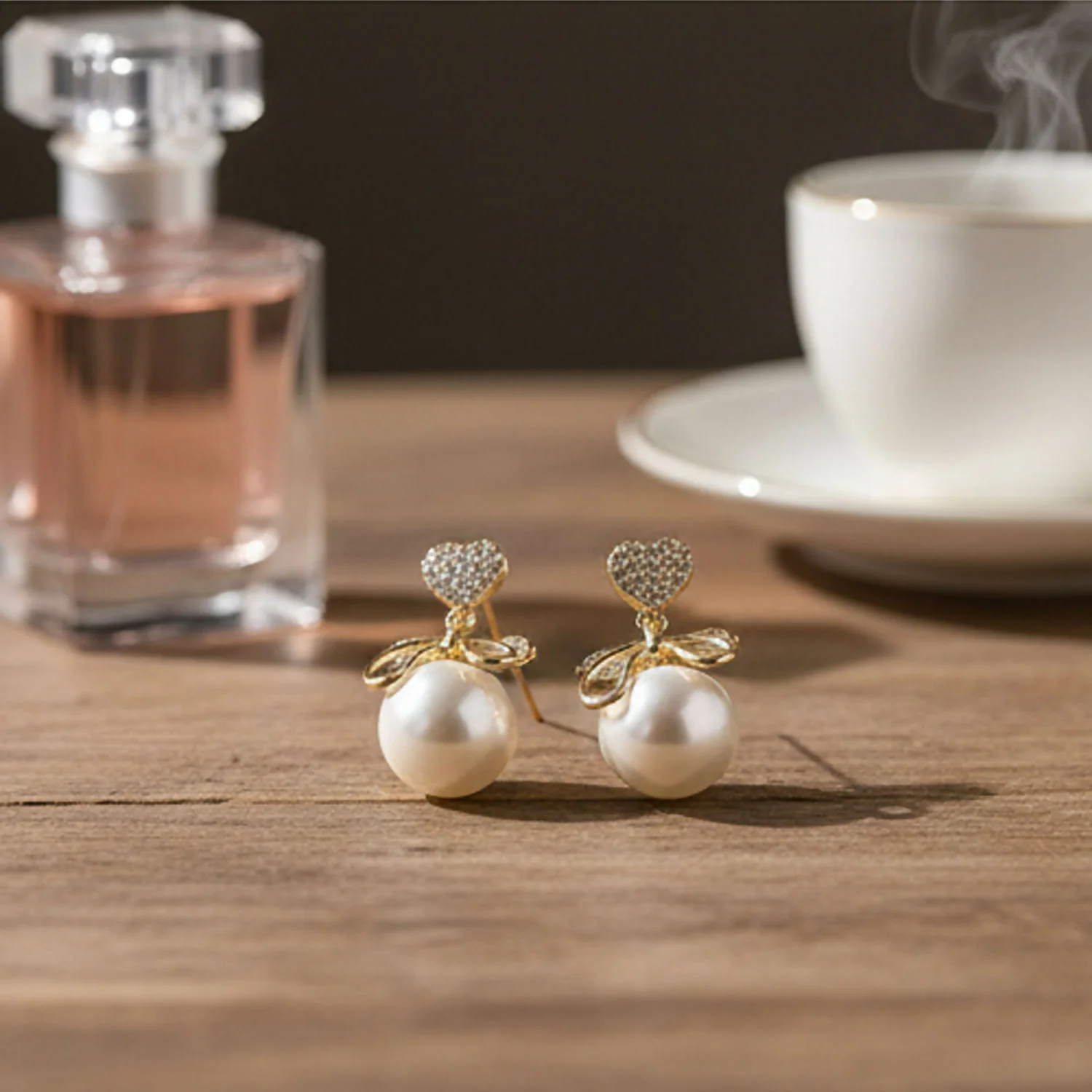 Heart Crystal Pearl Bow Earrings – 14K Gold Plated Elegance - Image 4