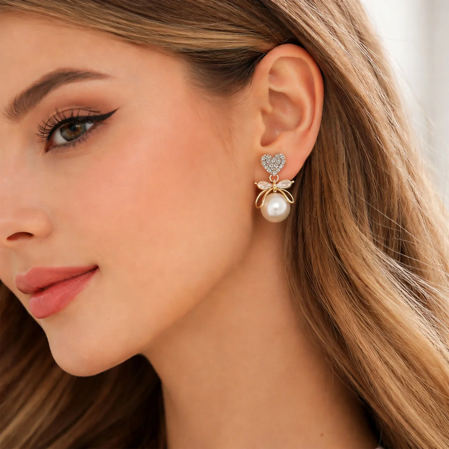 Heart Crystal Pearl Bow Earrings – 14K Gold Plated Elegance - Image 7