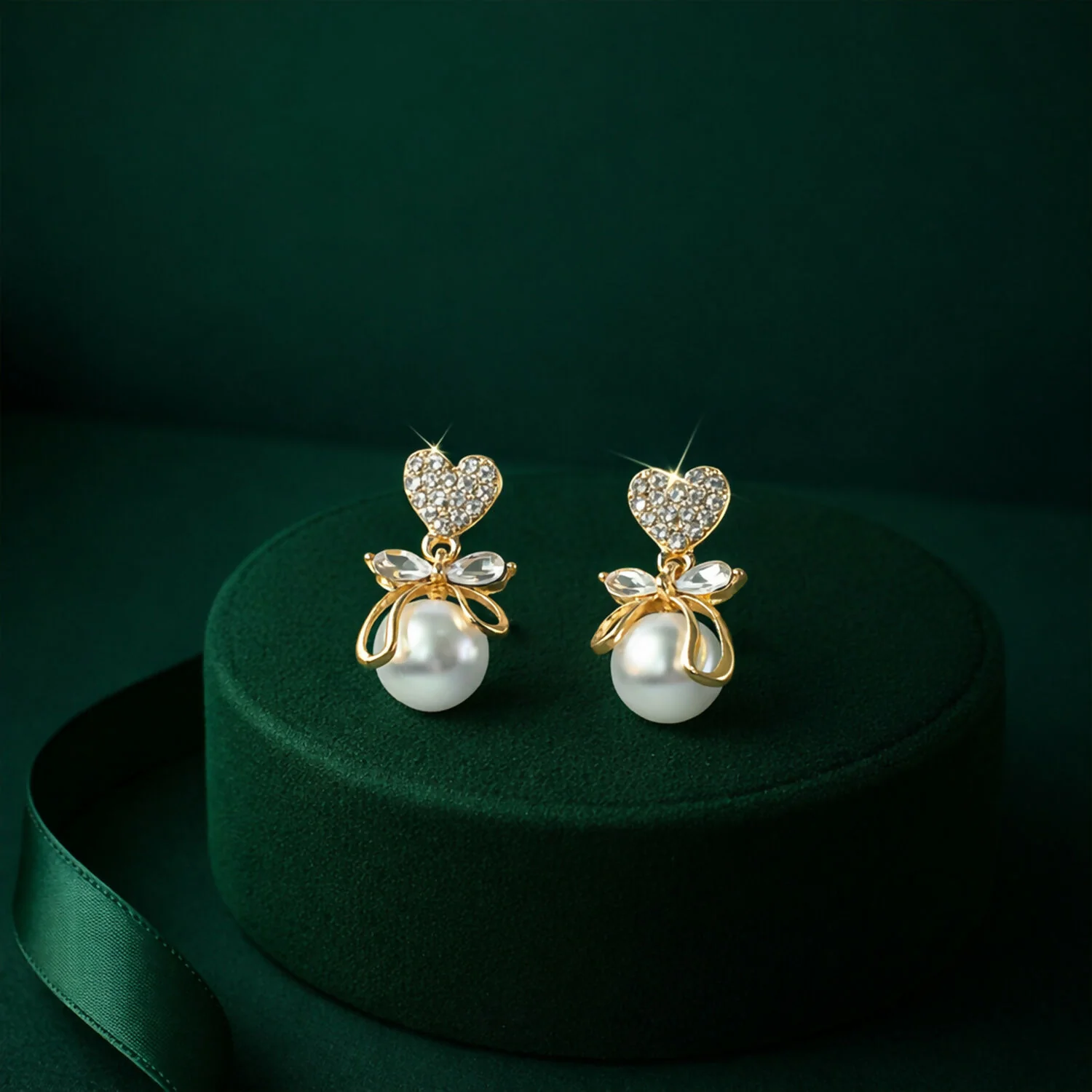 Heart Crystal Pearl Bow Earrings – 14K Gold Plated Elegance - Image 8