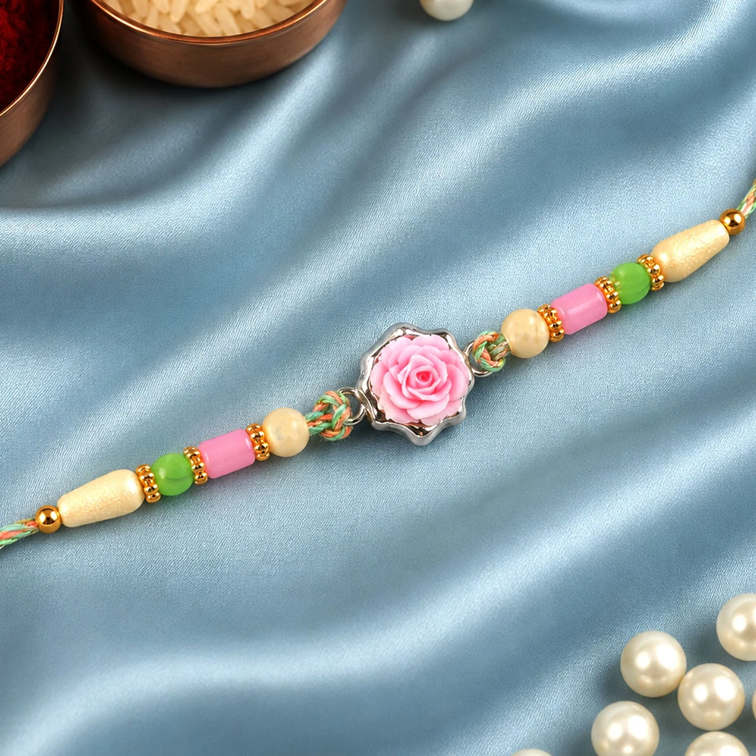 Rose Flower Charm Designer Beaded Rakhi for Brother - Image 2