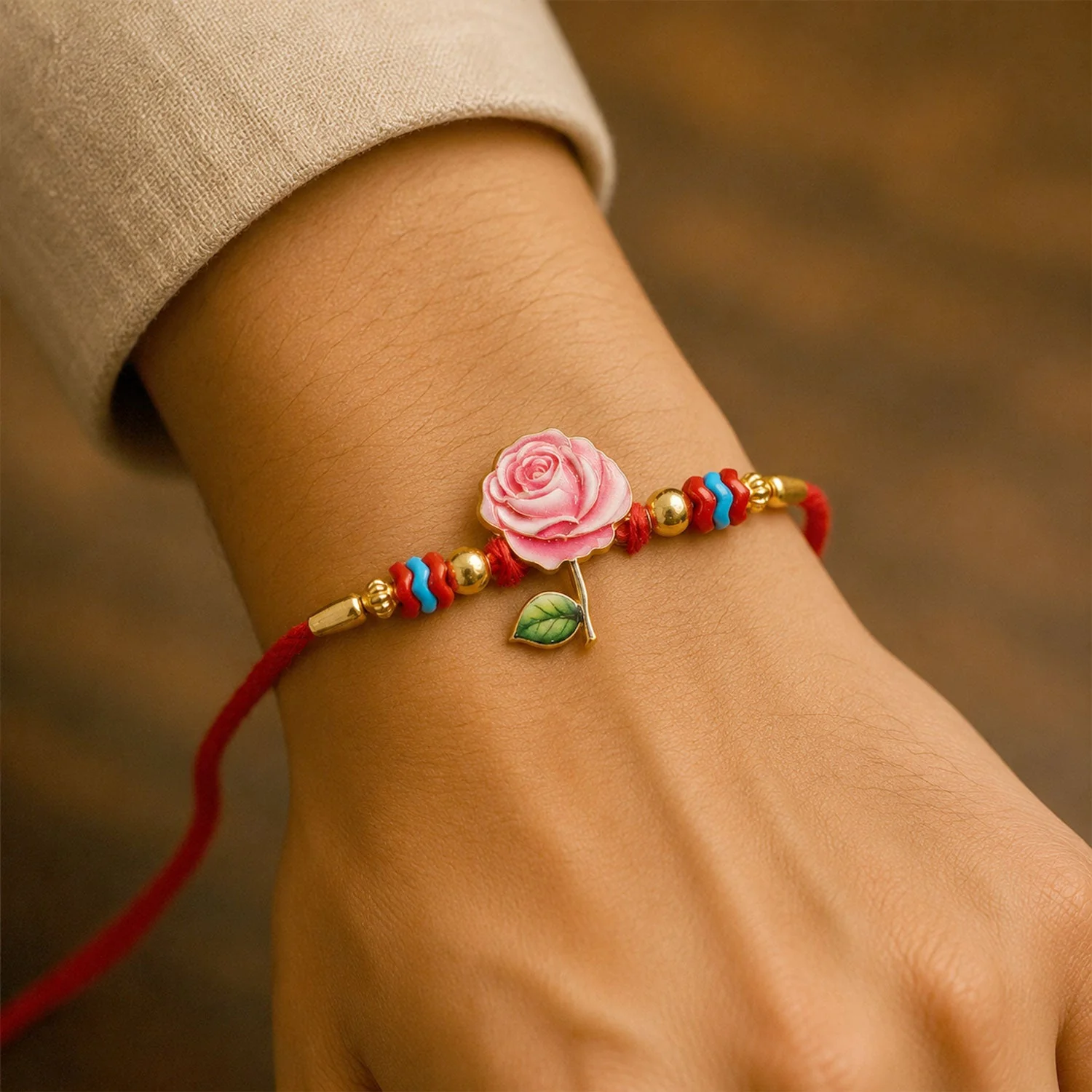 Rose Flower Charm Traditional Beaded Designer Rakhi for Brother - Image 4