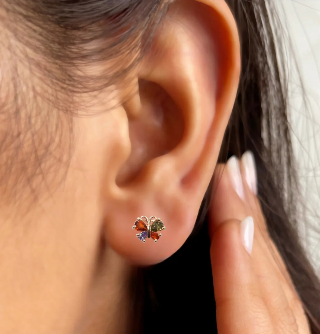 Butterfly Stud Earrings – Multi-Color CZ Rose Gold Finish - Image 3