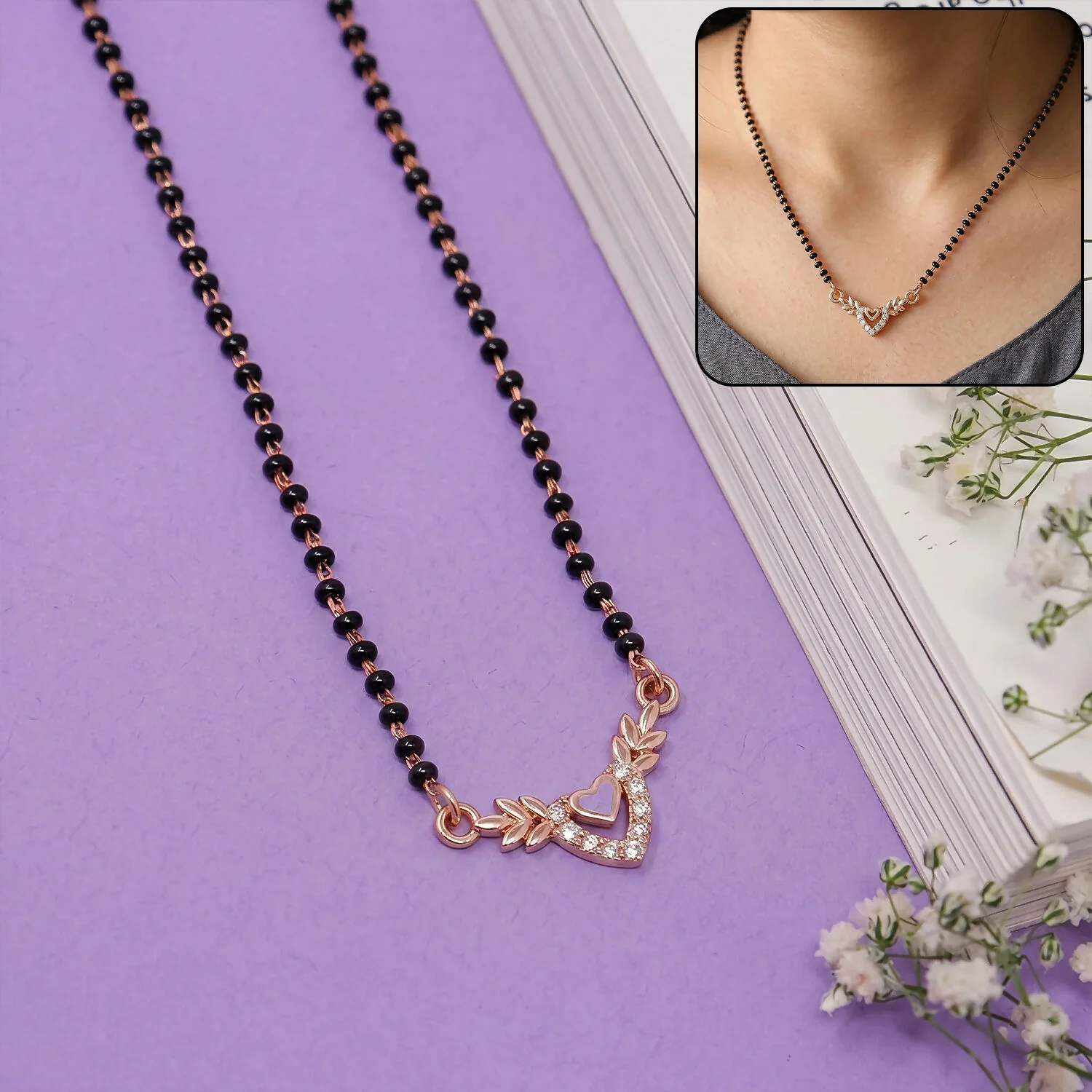 Mangalsutra with Heart & Wheat Leaf Pendant – Elegant & Modern Design