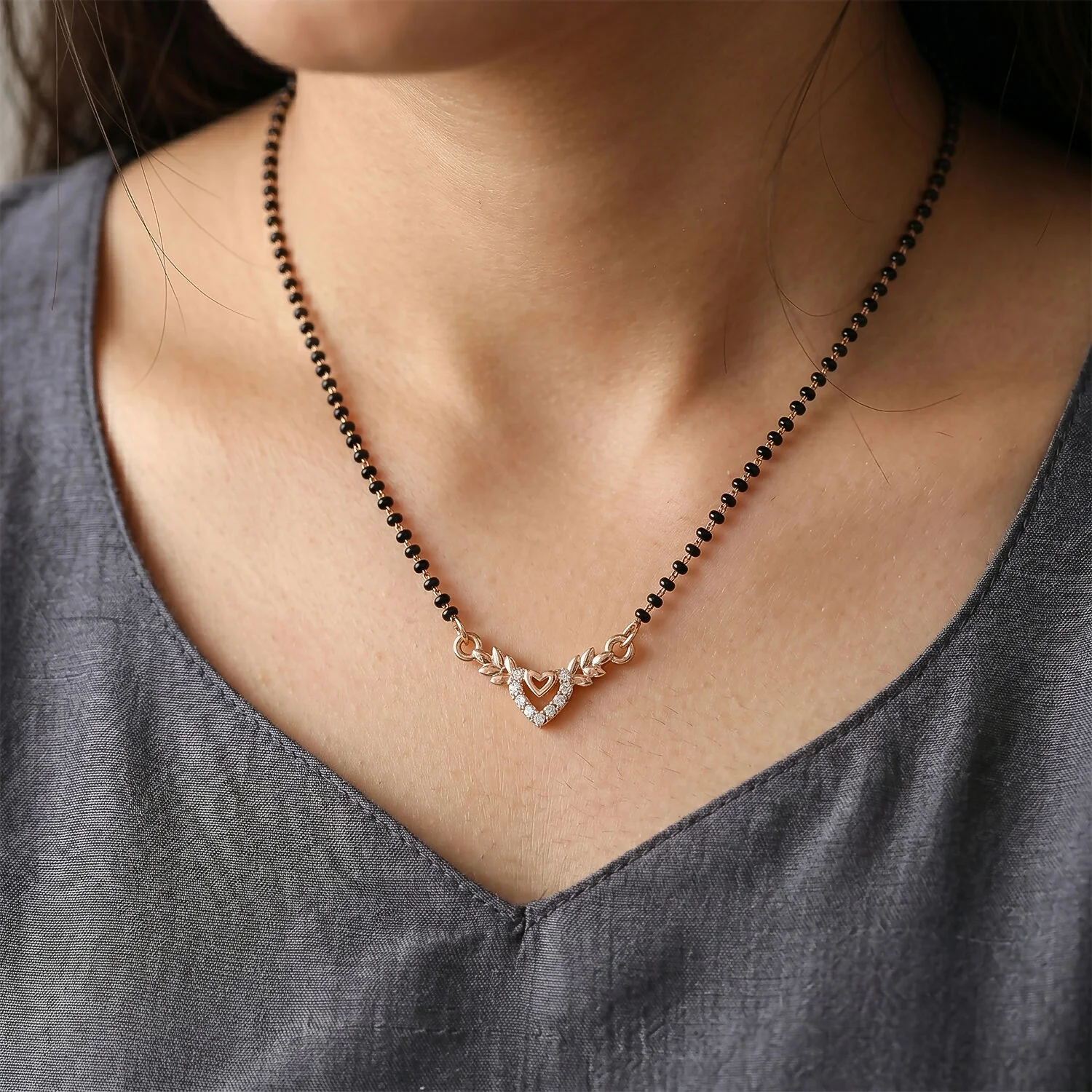 Mangalsutra with Heart & Wheat Leaf Pendant – Elegant & Modern Design - Image 2