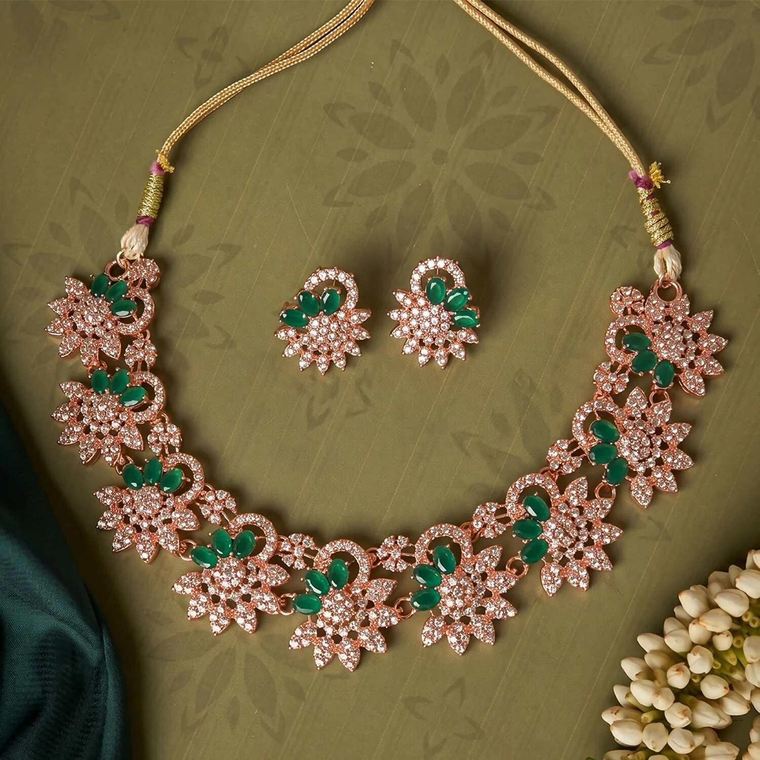 Rose Gold Floral Necklace & Earrings Set – Vibrant Green Stones for Elegant Looks - Image 3
