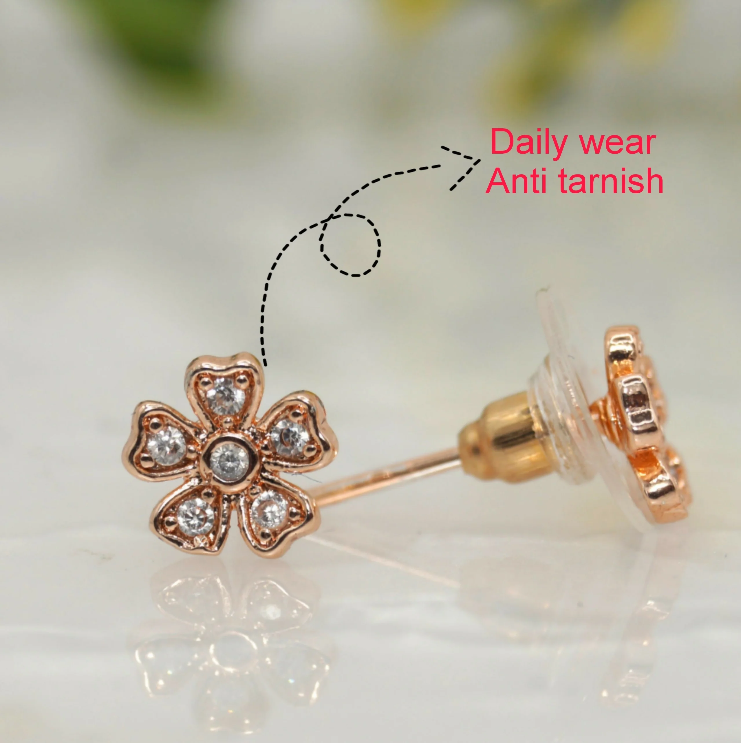 Rose Gold Flower Stud Earrings – Sparkling Cubic Zirconia Bloom - Image 2