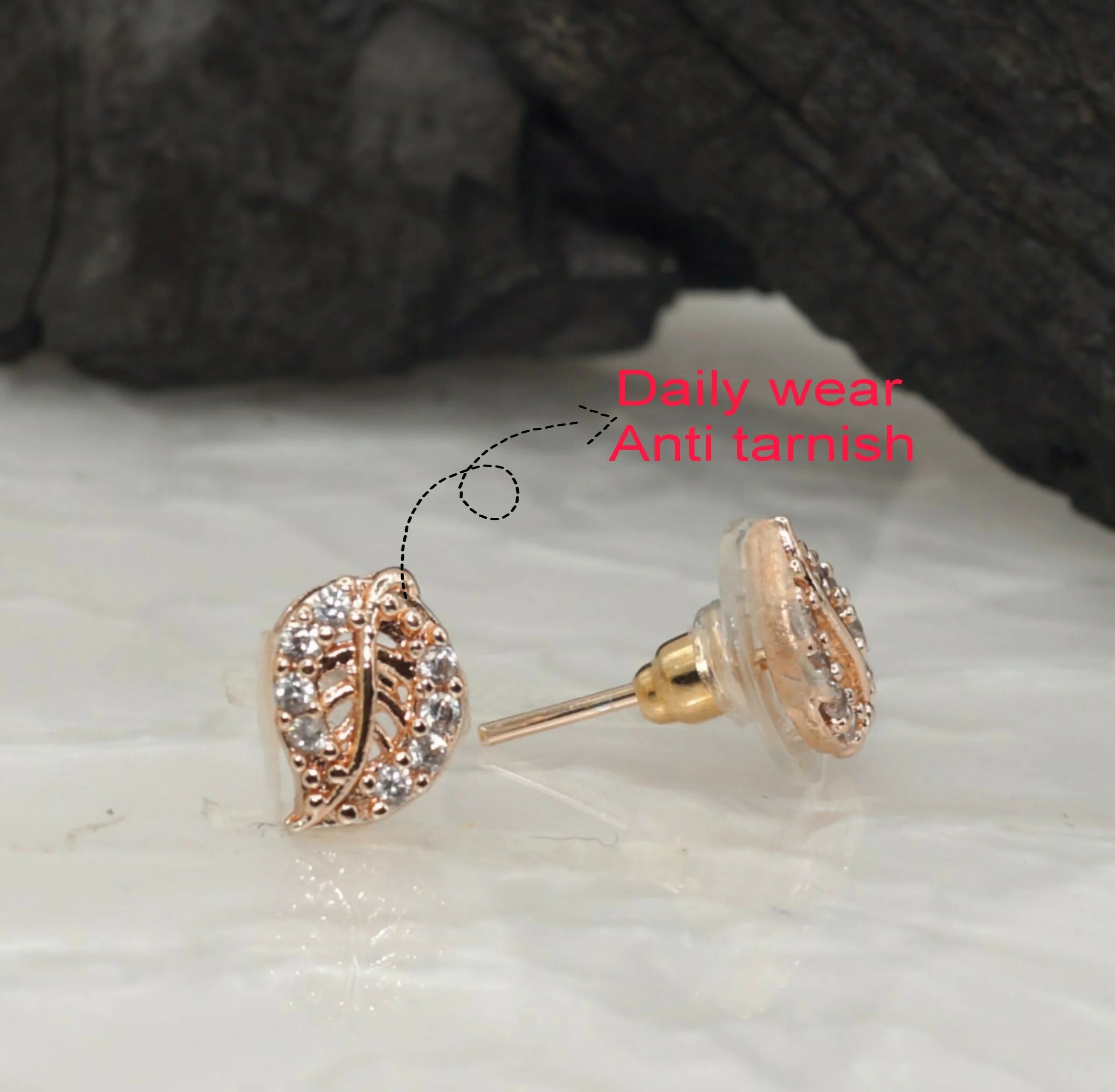 Rose Gold Leaf Stud Earrings – Elegant Sparkle for Women - Image 2