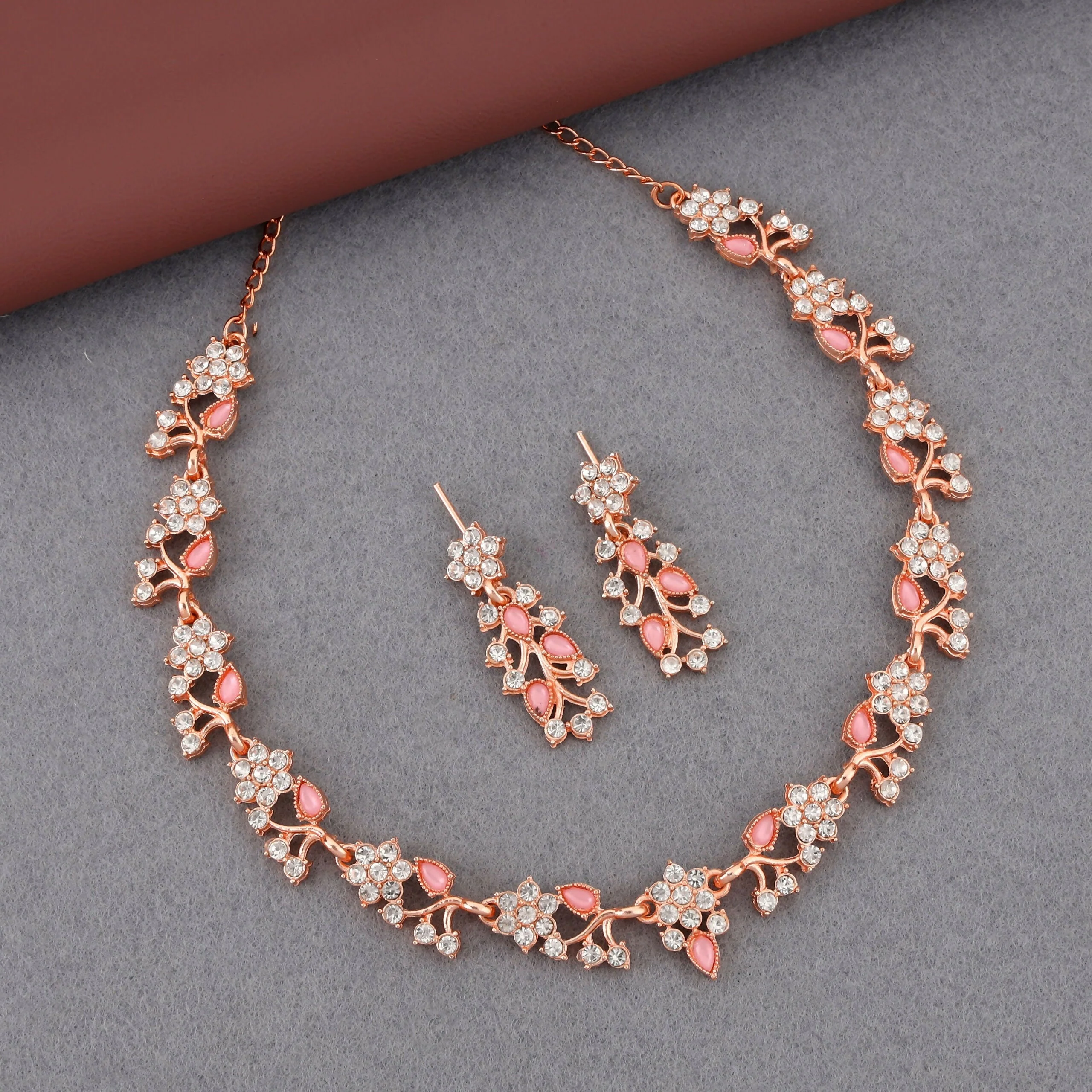 Floral Jewellery Set in Rose Gold & Pink Enamel – Elegant Sparkle - Image 3