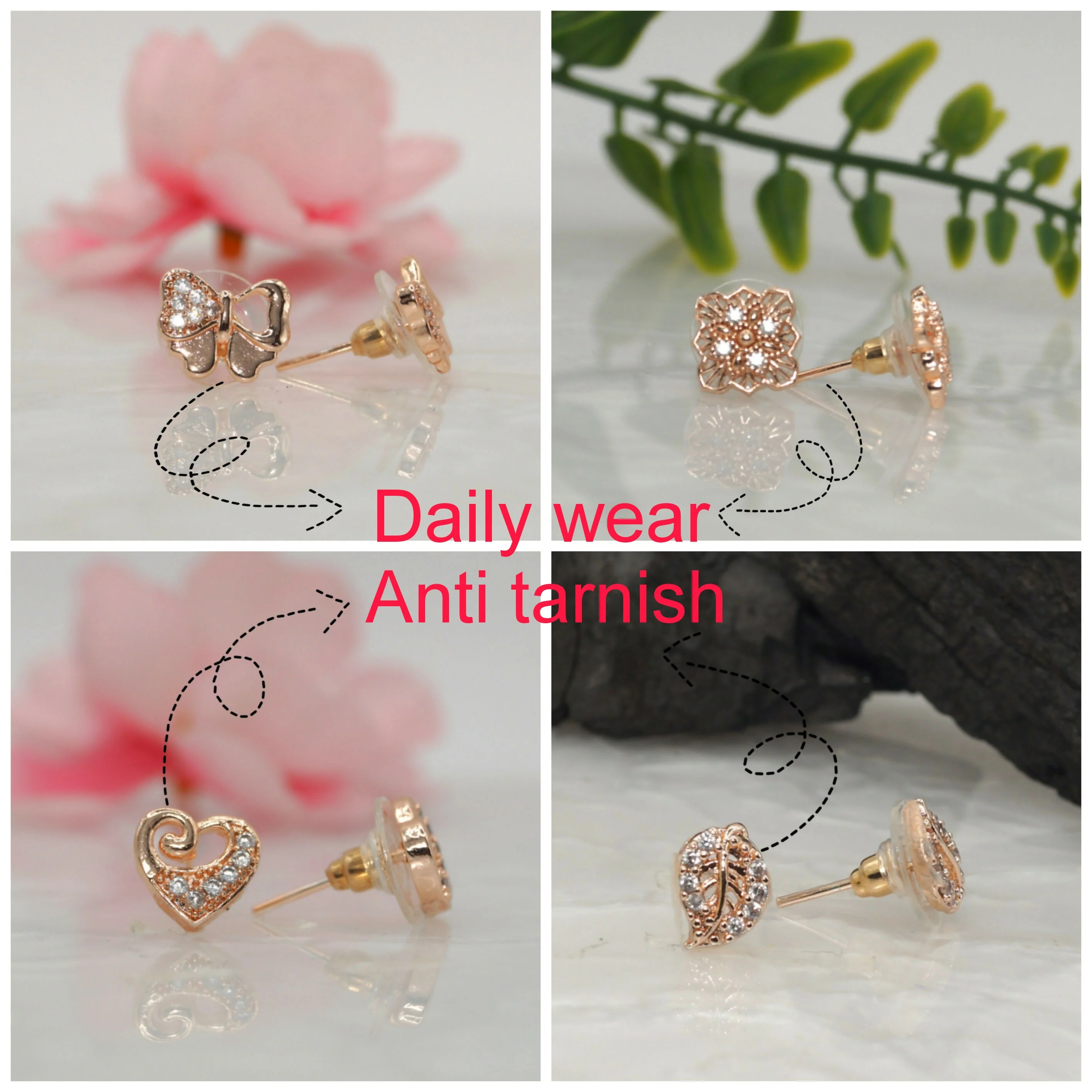 Rose Gold CZ Stud Earrings Combo – Elegant 4-Pair Set for Women - Image 2