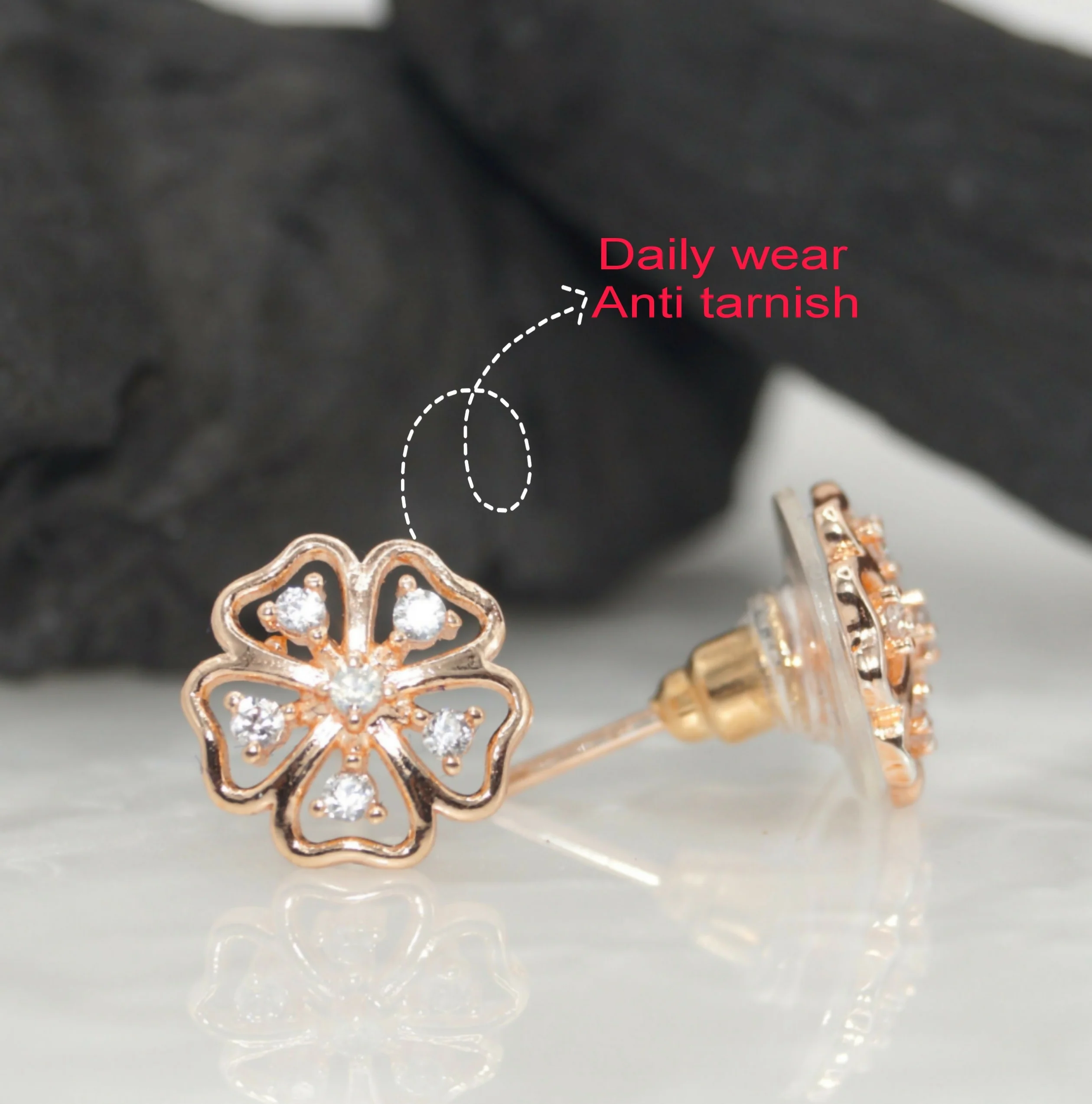 Rose Gold Floral Stud Earrings – Elegant Sparkling Cubic Zirconia - Image 2