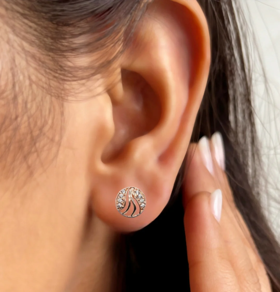 Rose Gold Swirl Stud Earrings – Elegant Cubic Zirconia Sparkle - Image 3