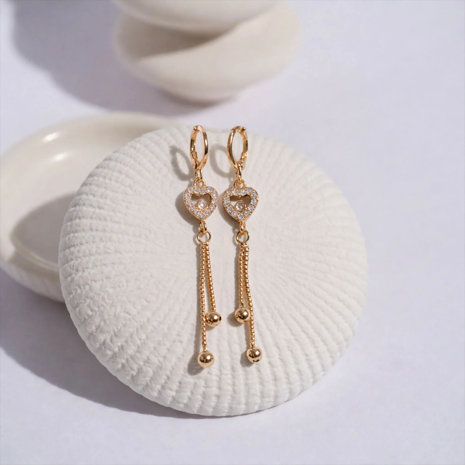 Crystal Heart Tassel Earrings – Elegant Rose Gold Drop Design - Image 2