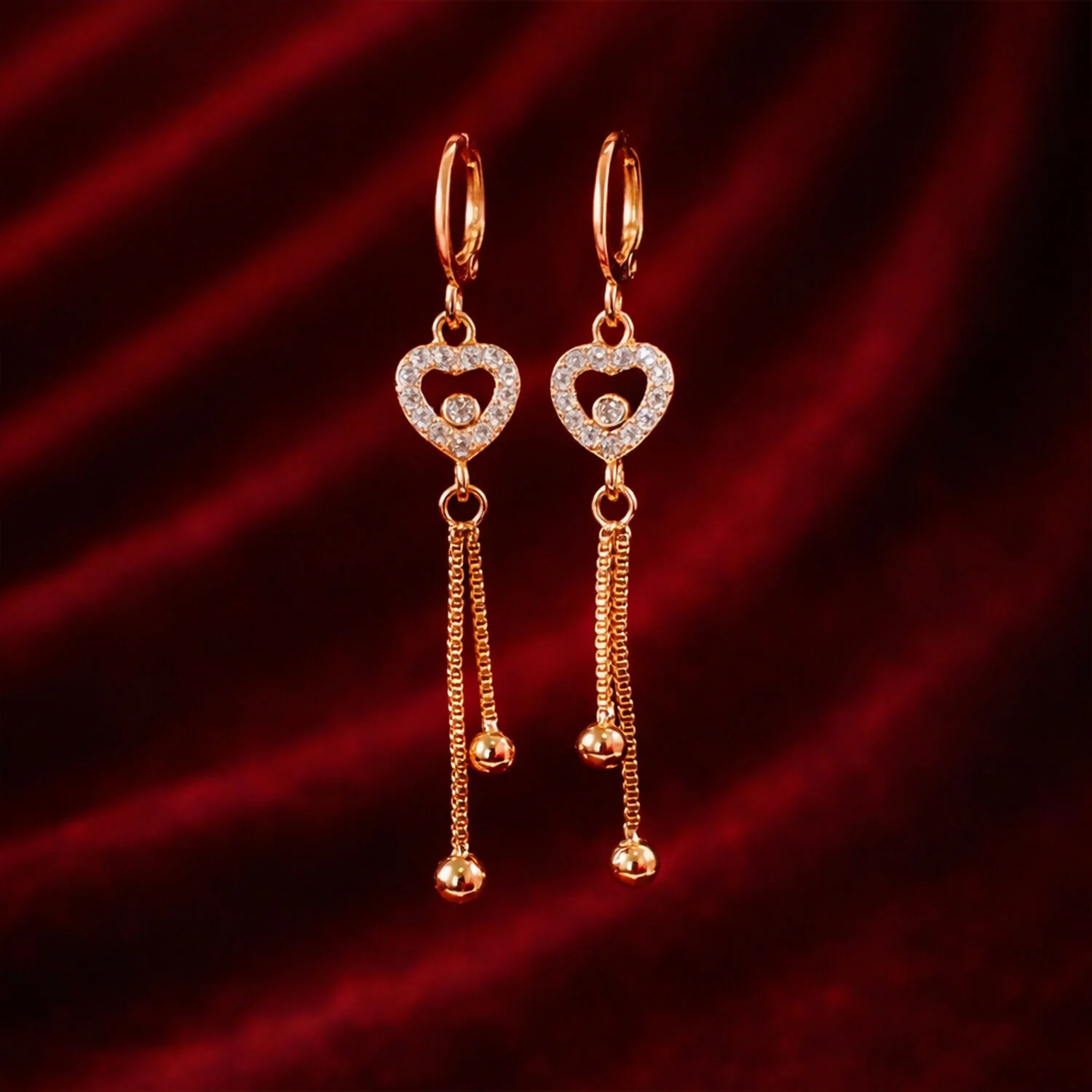 Crystal Heart Tassel Earrings – Elegant Rose Gold Drop Design - Image 3