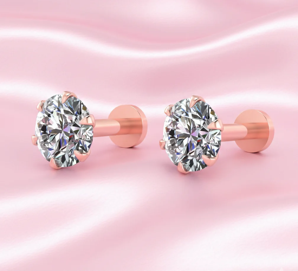 Solitaire Stud Earrings – Rose Plated Flat-Back Comfort - Image 2