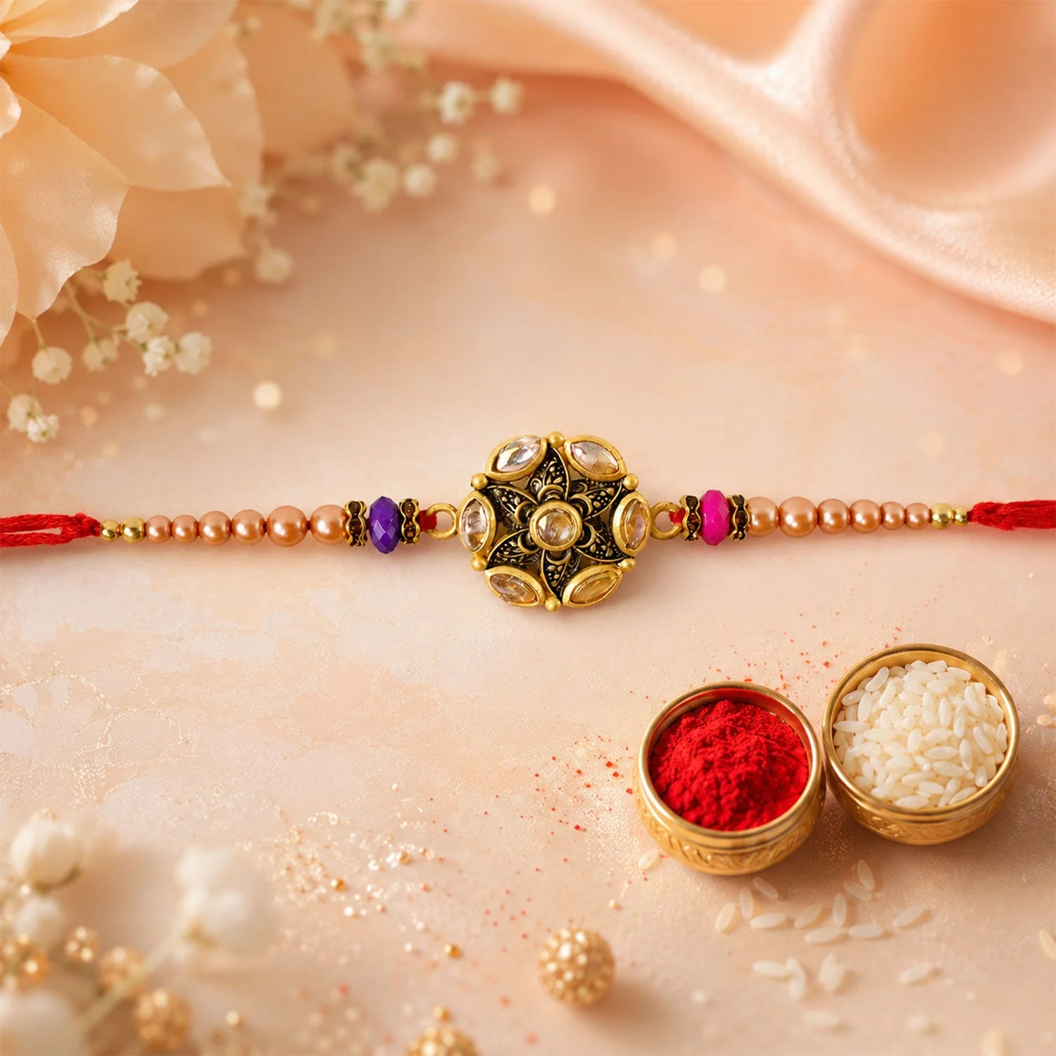Premium Round Antique Kundan Marquise Floral Charm Pearl Bead Rakhi for Brother