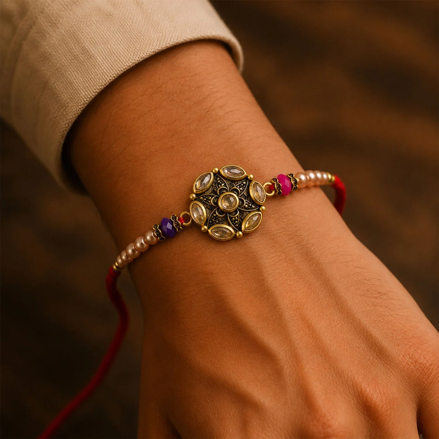 Premium Round Antique Kundan Marquise Floral Charm Pearl Bead Rakhi for Brother - Image 2