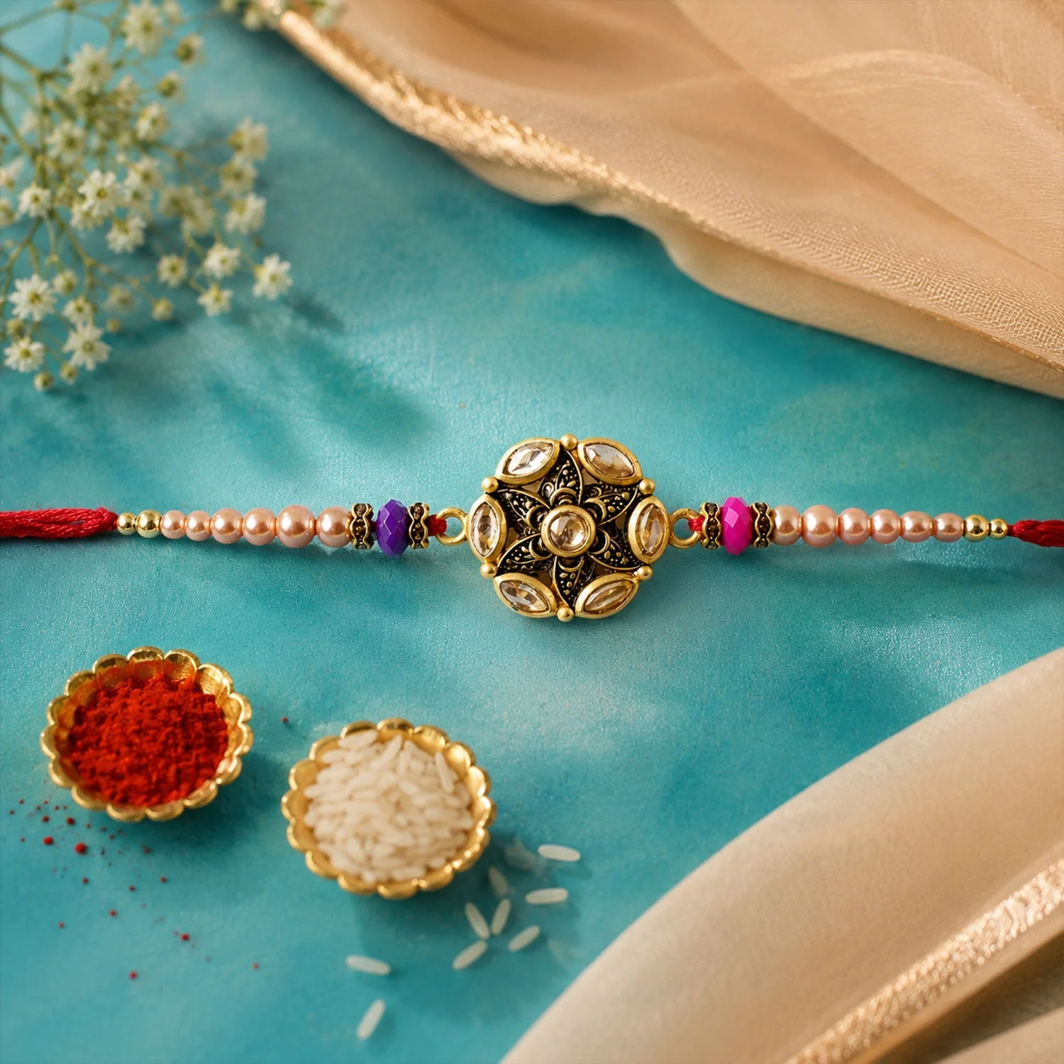 Premium Round Antique Kundan Marquise Floral Charm Pearl Bead Rakhi for Brother - Image 3