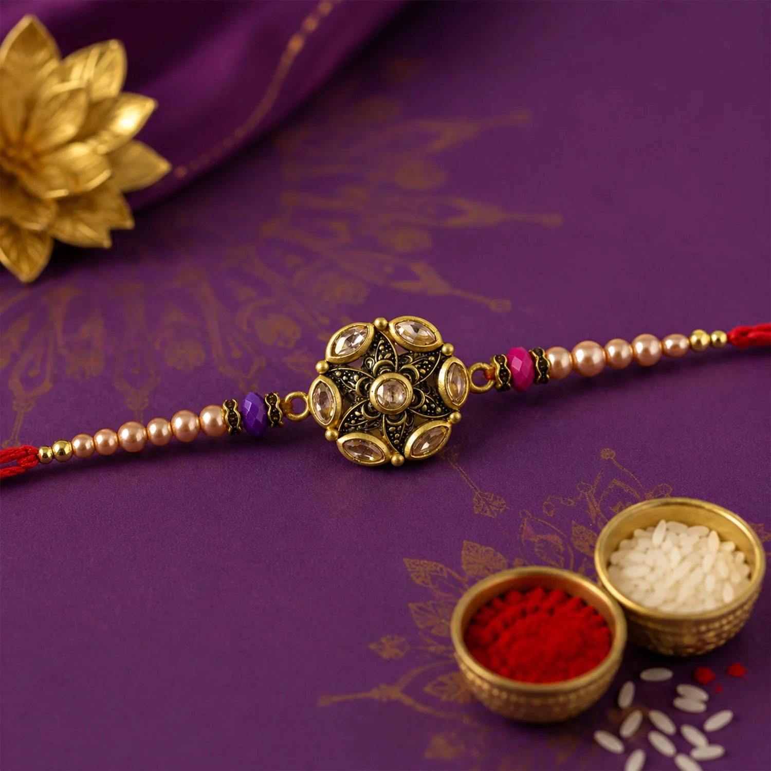 Premium Round Antique Kundan Marquise Floral Charm Pearl Bead Rakhi for Brother - Image 4
