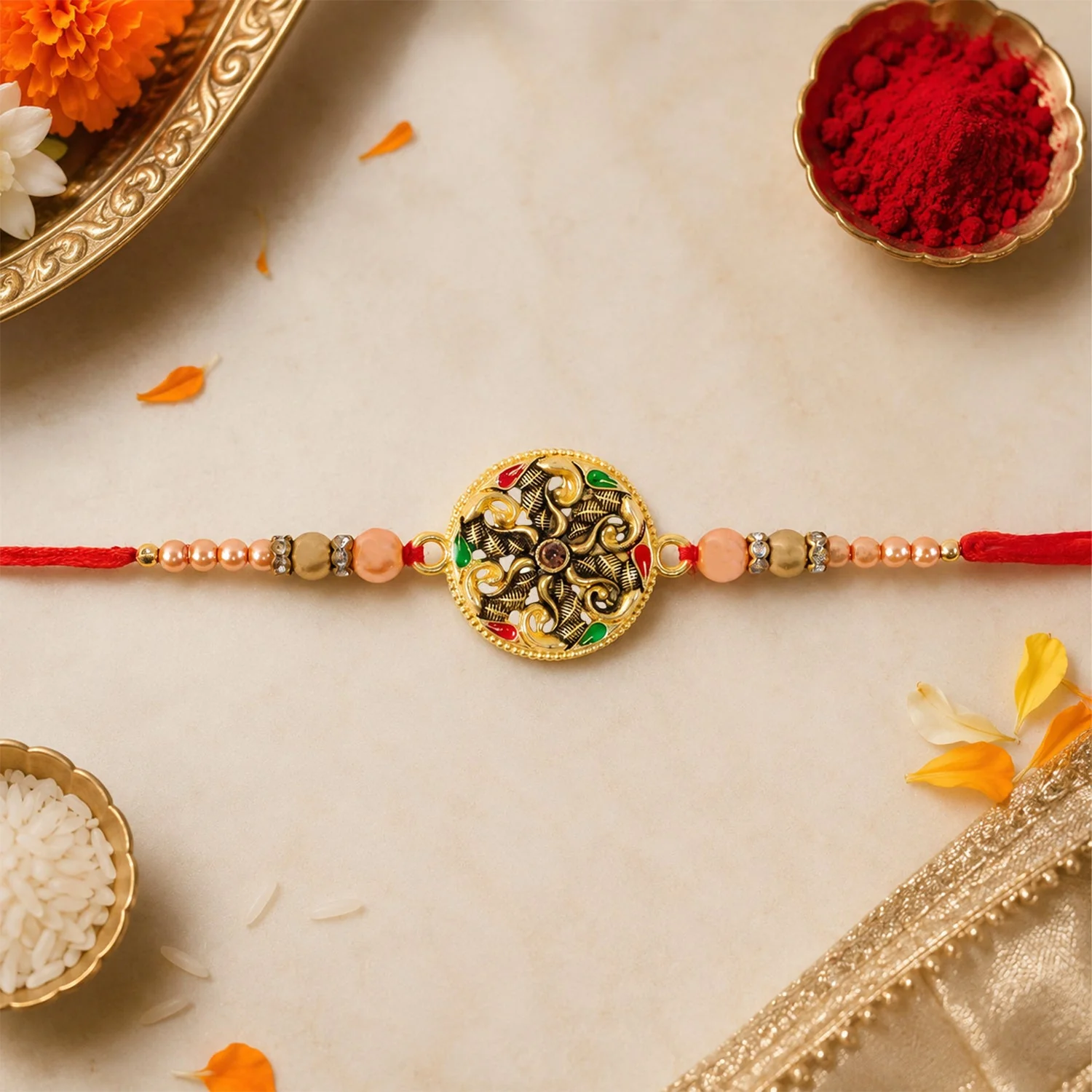 Meenakari Rakhi for Brother – Antique Floral Pearl Bead