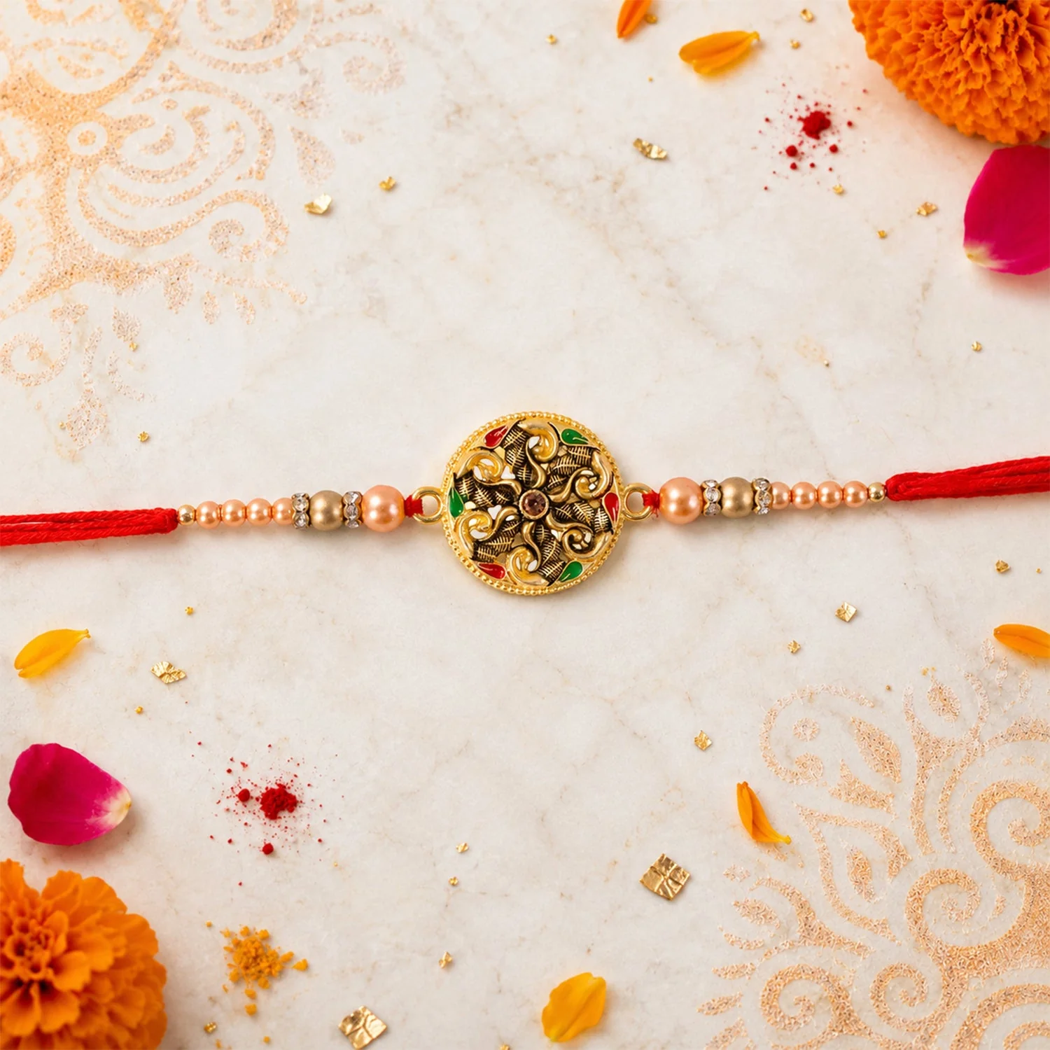 Meenakari Rakhi for Brother – Antique Floral Pearl Bead - Image 3