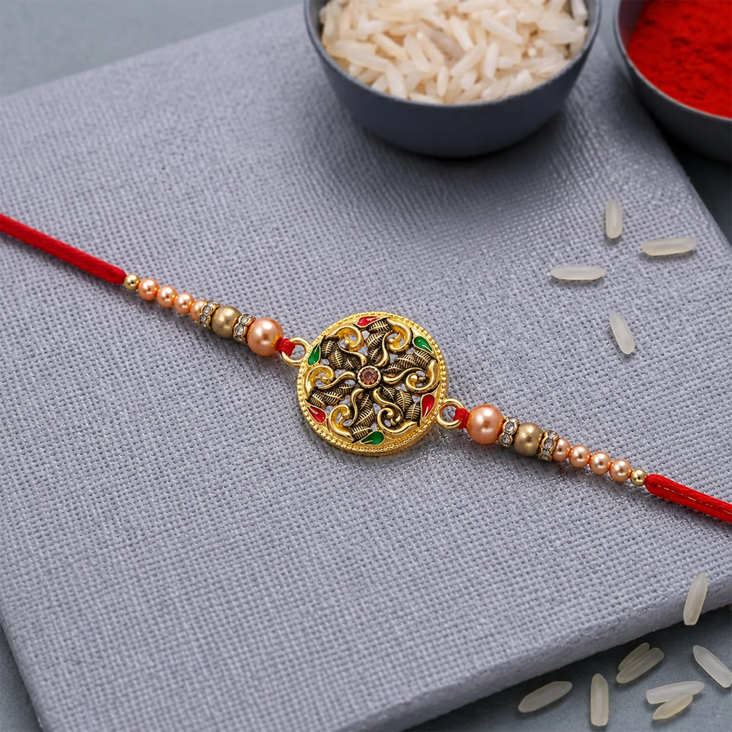Meenakari Rakhi for Brother – Antique Floral Pearl Bead - Image 4