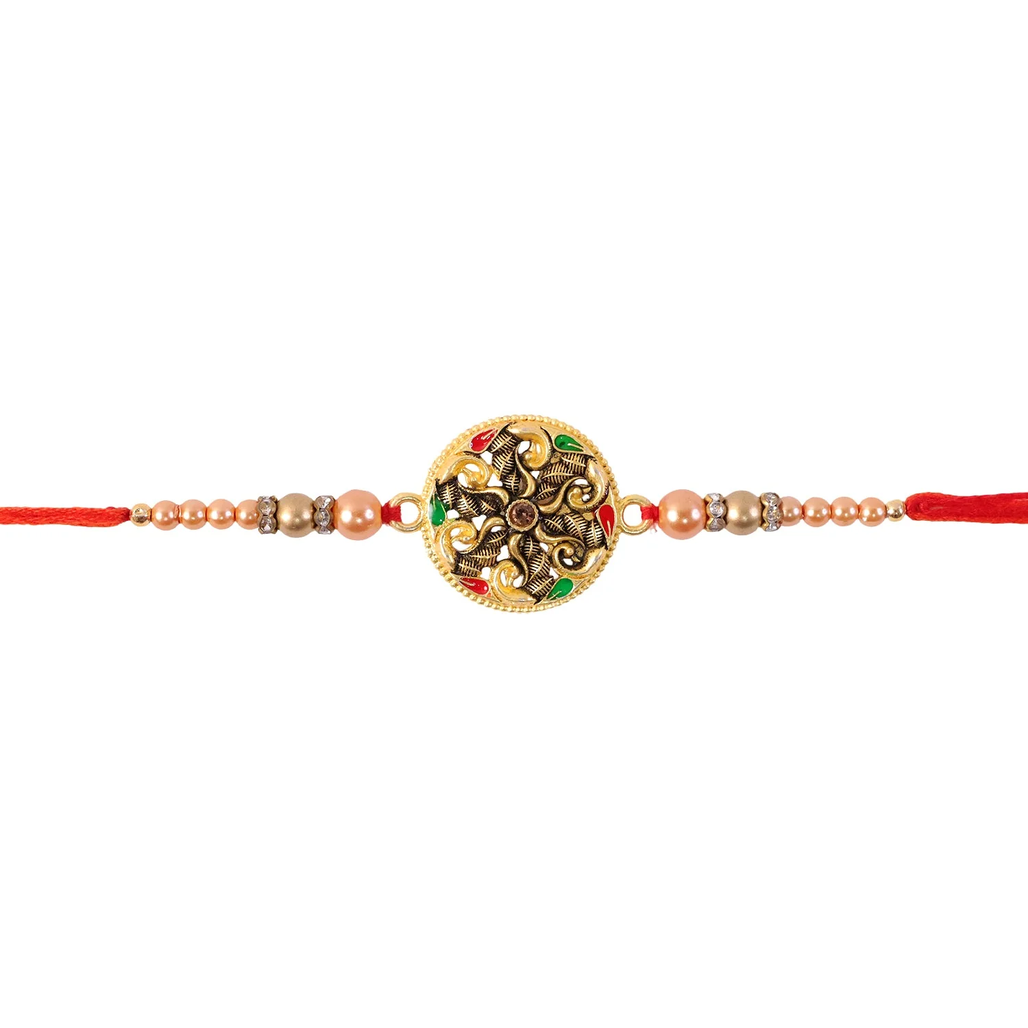 Meenakari Rakhi for Brother – Antique Floral Pearl Bead - Image 5