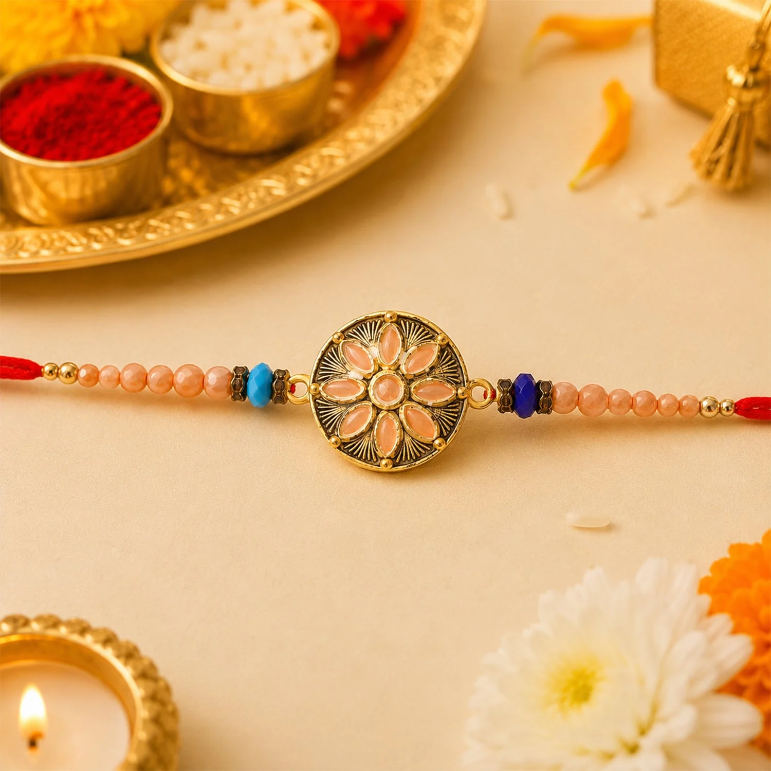 Premium Meenakari Rakhi for Brother Antique Stone Charm Crystal Bead Design