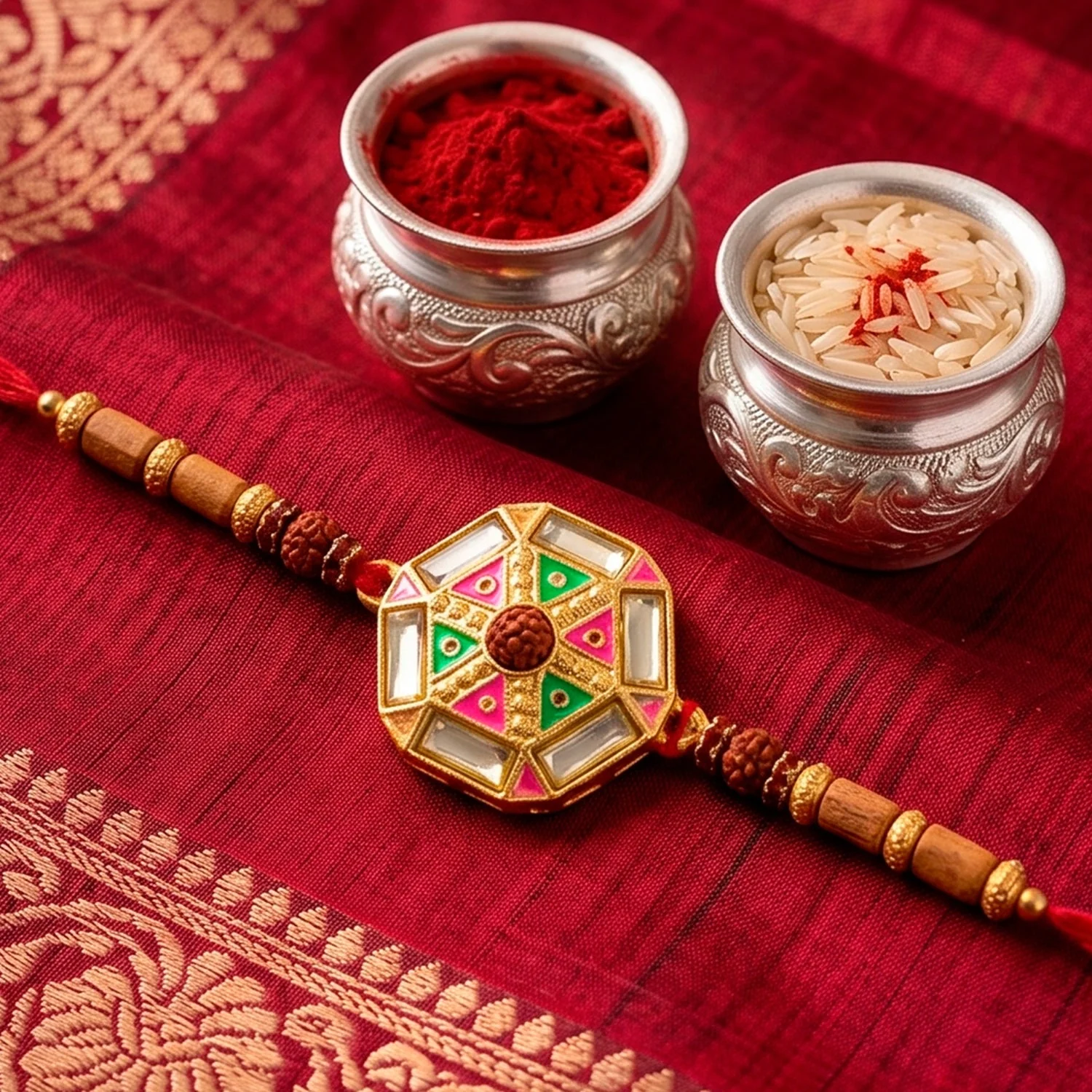 Premium Round Floral Kundan Meenakari Enamel Rudraksha Bead Thread Rakhi for Brother