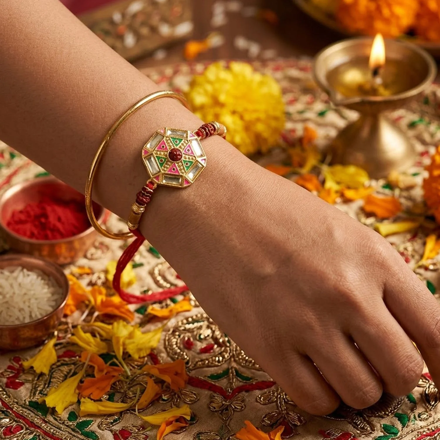Premium Round Floral Kundan Meenakari Enamel Rudraksha Bead Thread Rakhi for Brother - Image 2