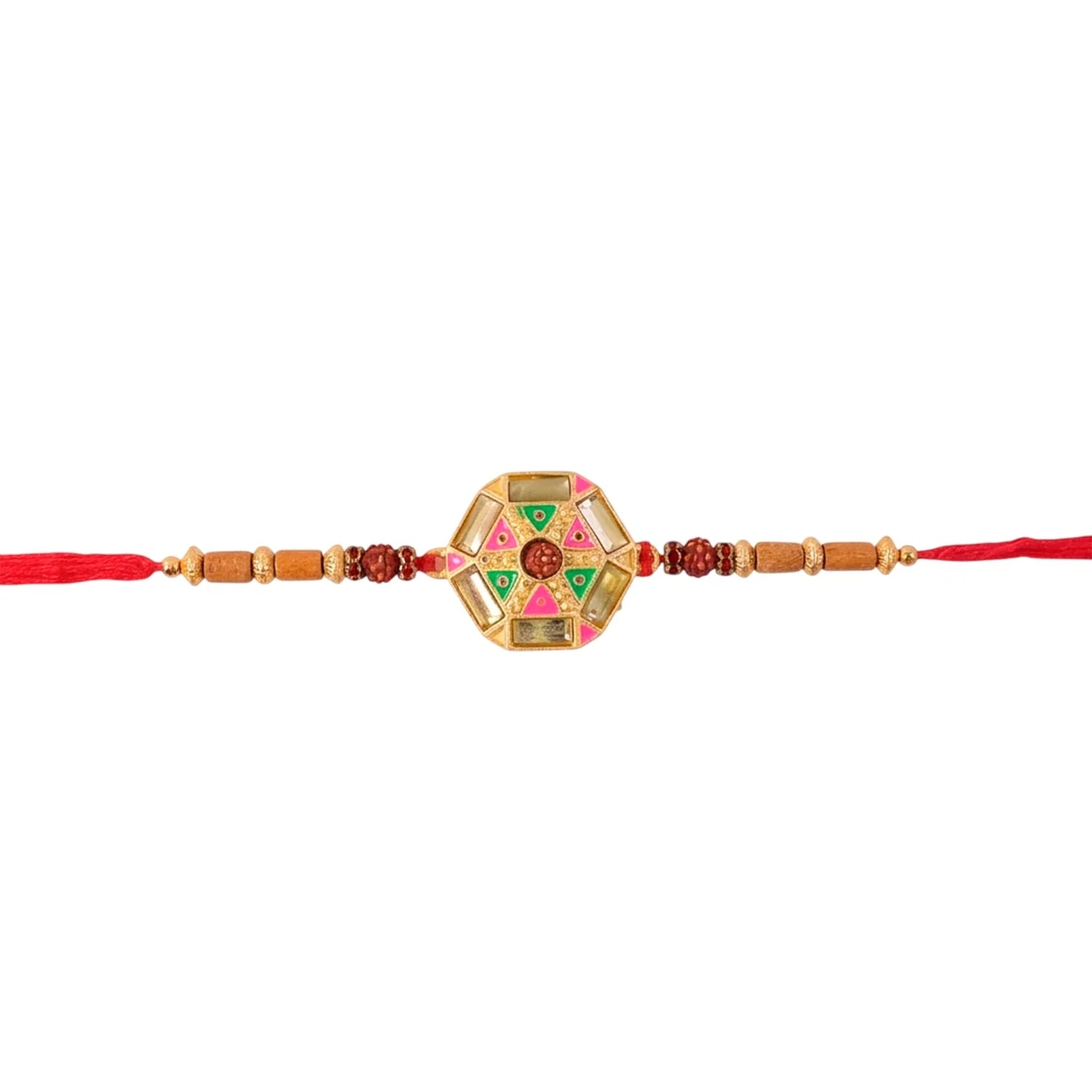 Premium Round Floral Kundan Meenakari Enamel Rudraksha Bead Thread Rakhi for Brother - Image 5