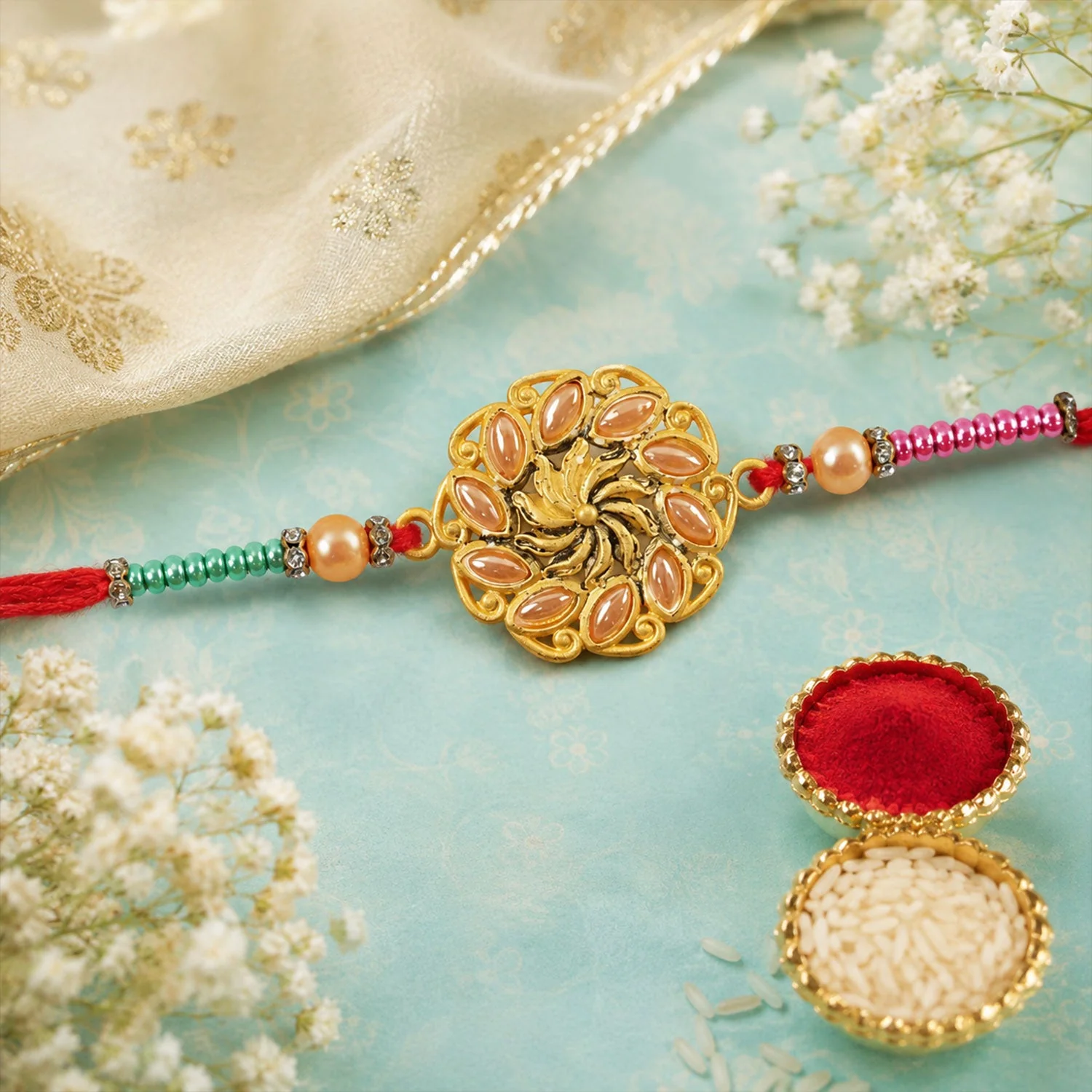 Kundan Rakhi for Brother – Elegant Floral Stone Pearl Bead Design