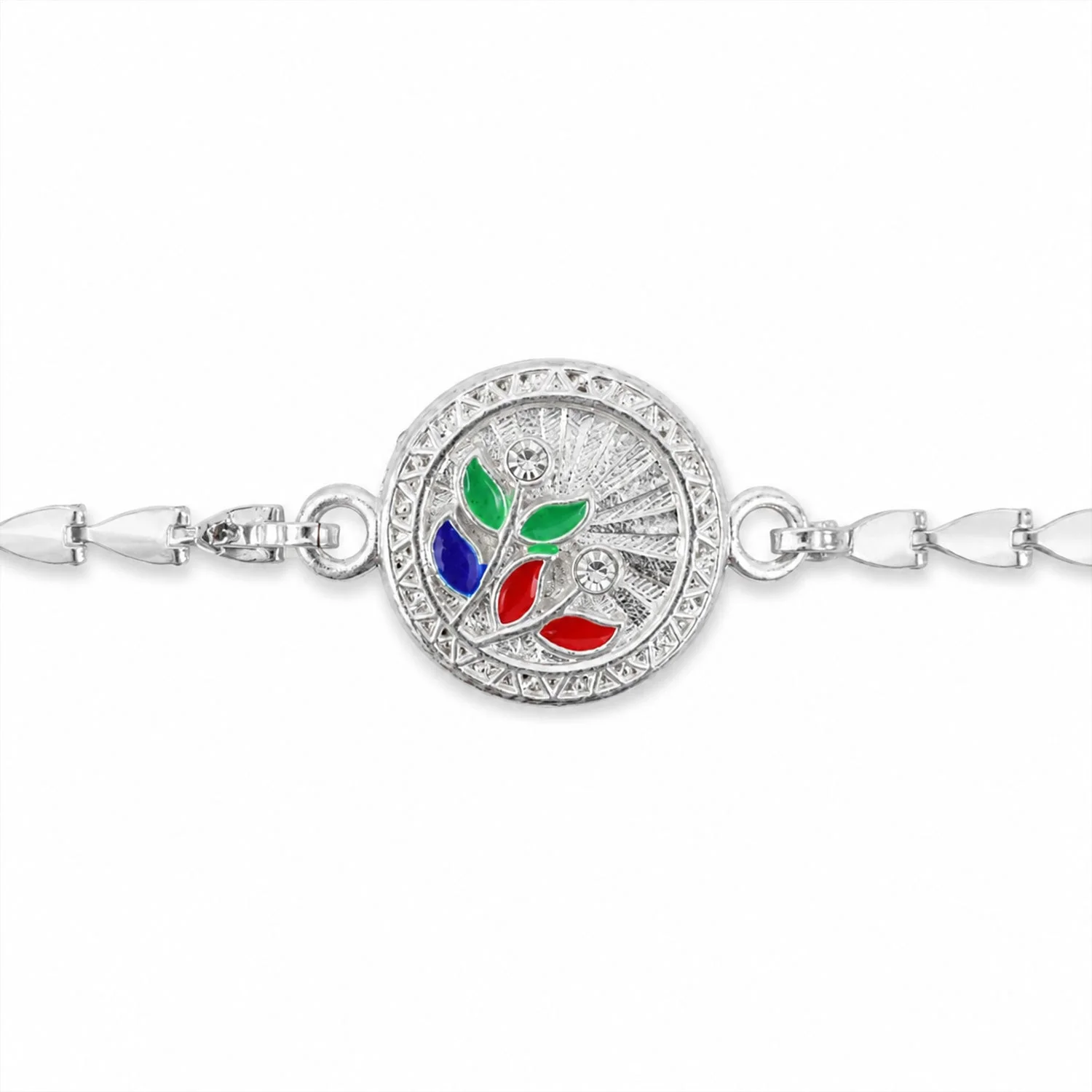 Round Floral Leaf Meenakari Stone Studded Chain Rakhi for Brother - Image 5