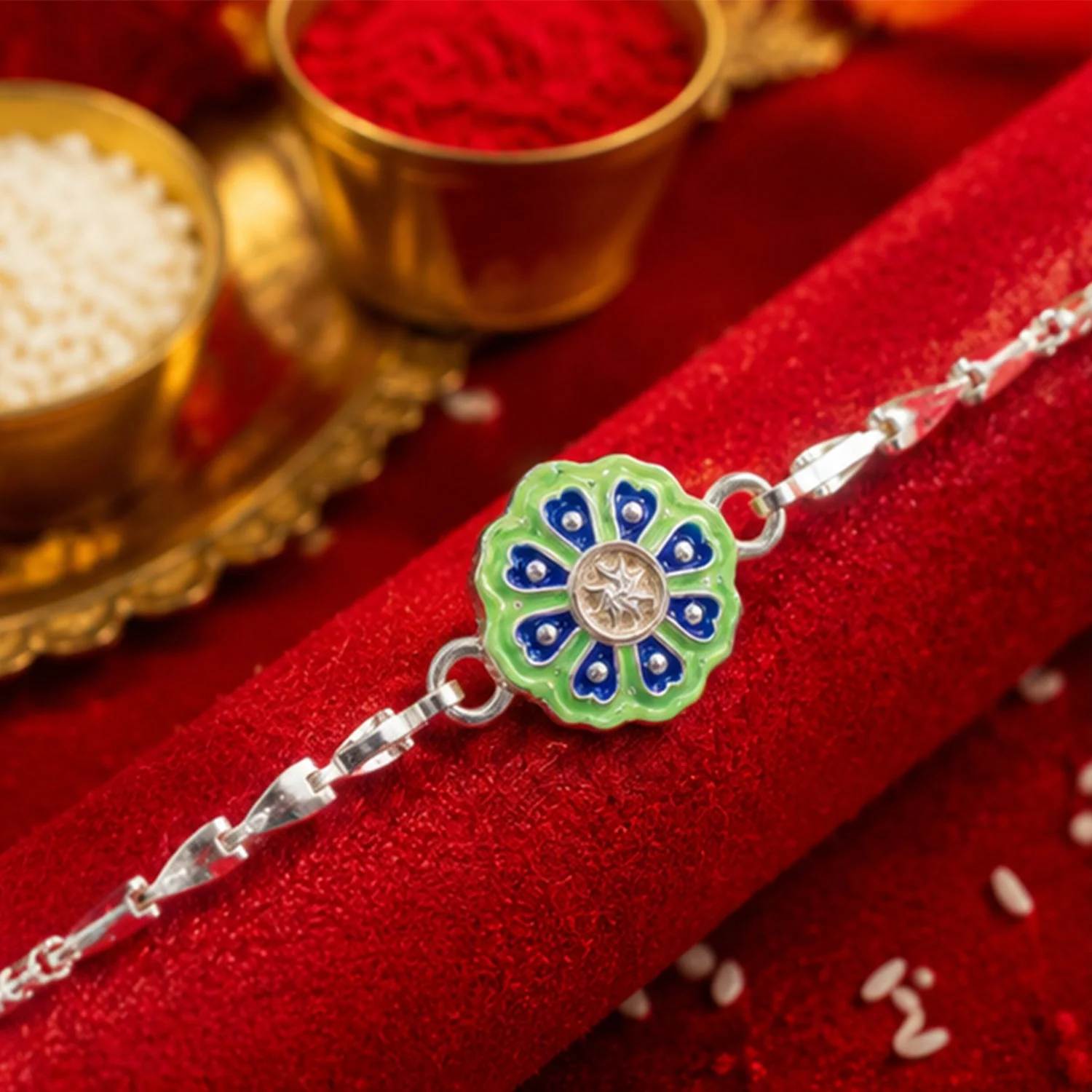 Round Floral Meenakari Stone Studded Chain Rakhi for Brother - Image 3