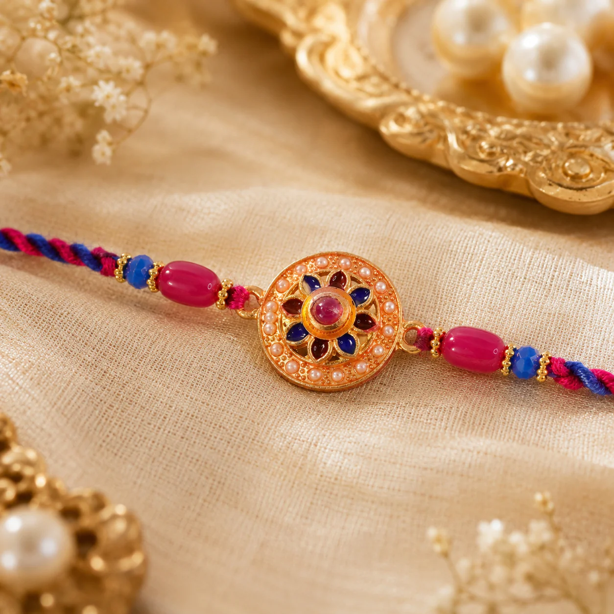 Round Floral Stone Studded Premium Designer Rakhi for Brother - Image 4