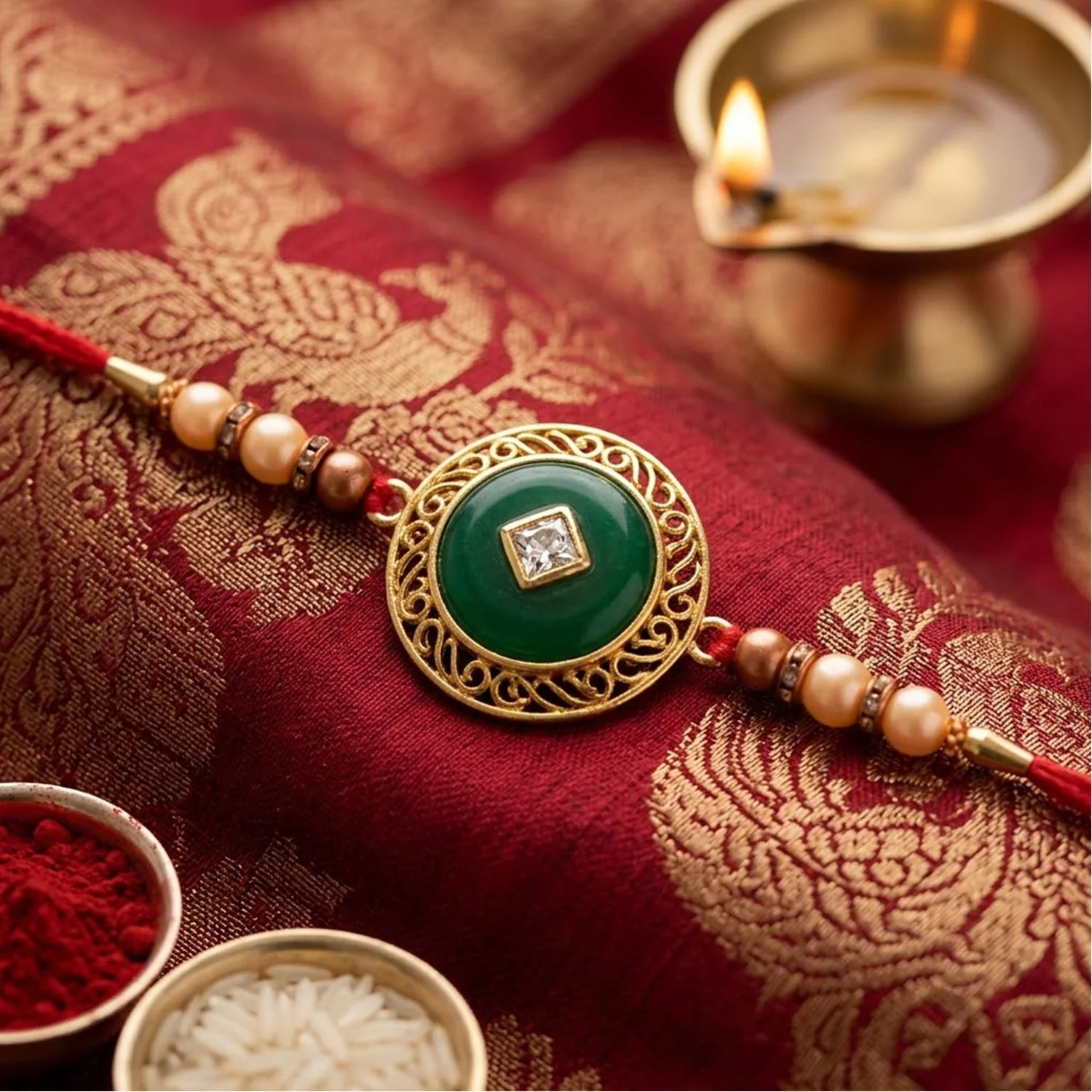 Rakhi for Brother – Round Jade Stone Kundan Pearl Bead Thread - Image 2
